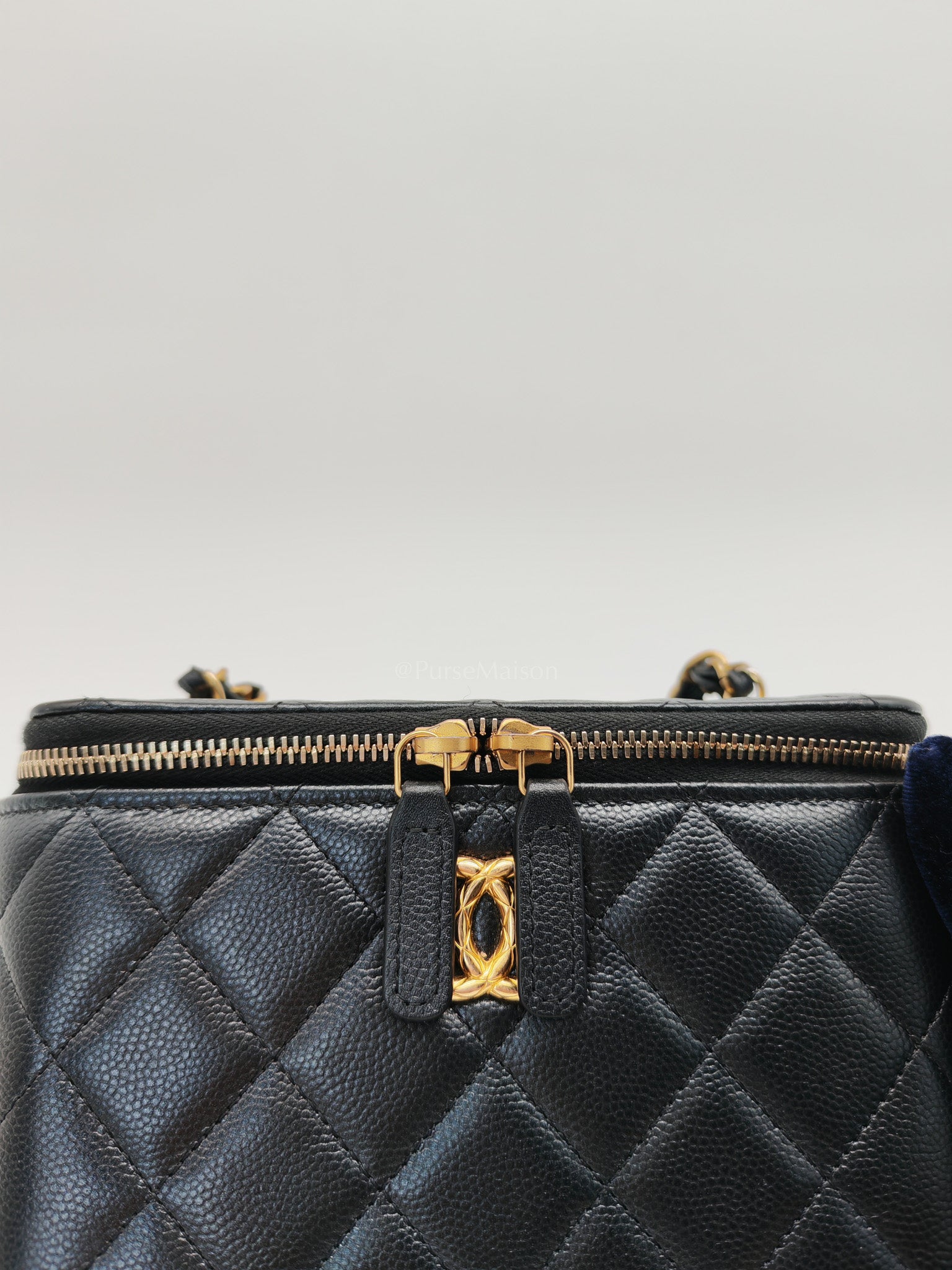Vanity in Black Iridescent Caviar Leather and Aged Gold Hardware with Adjustable Chain Strap (Microchip) | Purse Maison Luxury Bags Shop