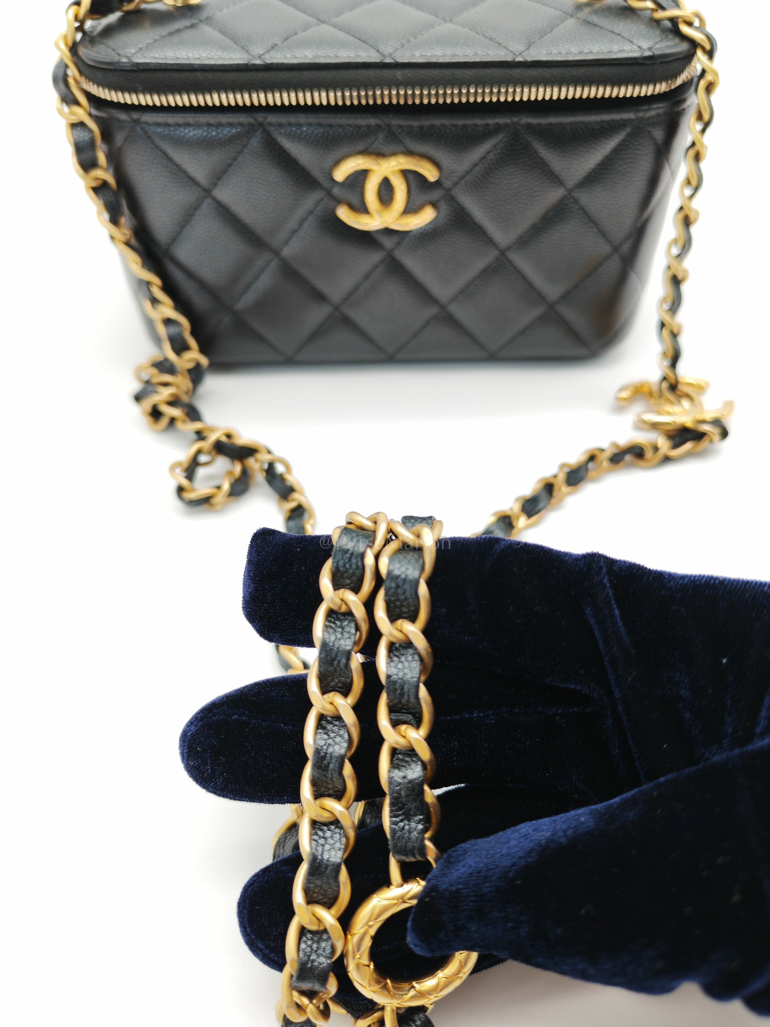 Vanity in Black Iridescent Caviar Leather and Aged Gold Hardware with Adjustable Chain Strap (Microchip) | Purse Maison Luxury Bags Shop