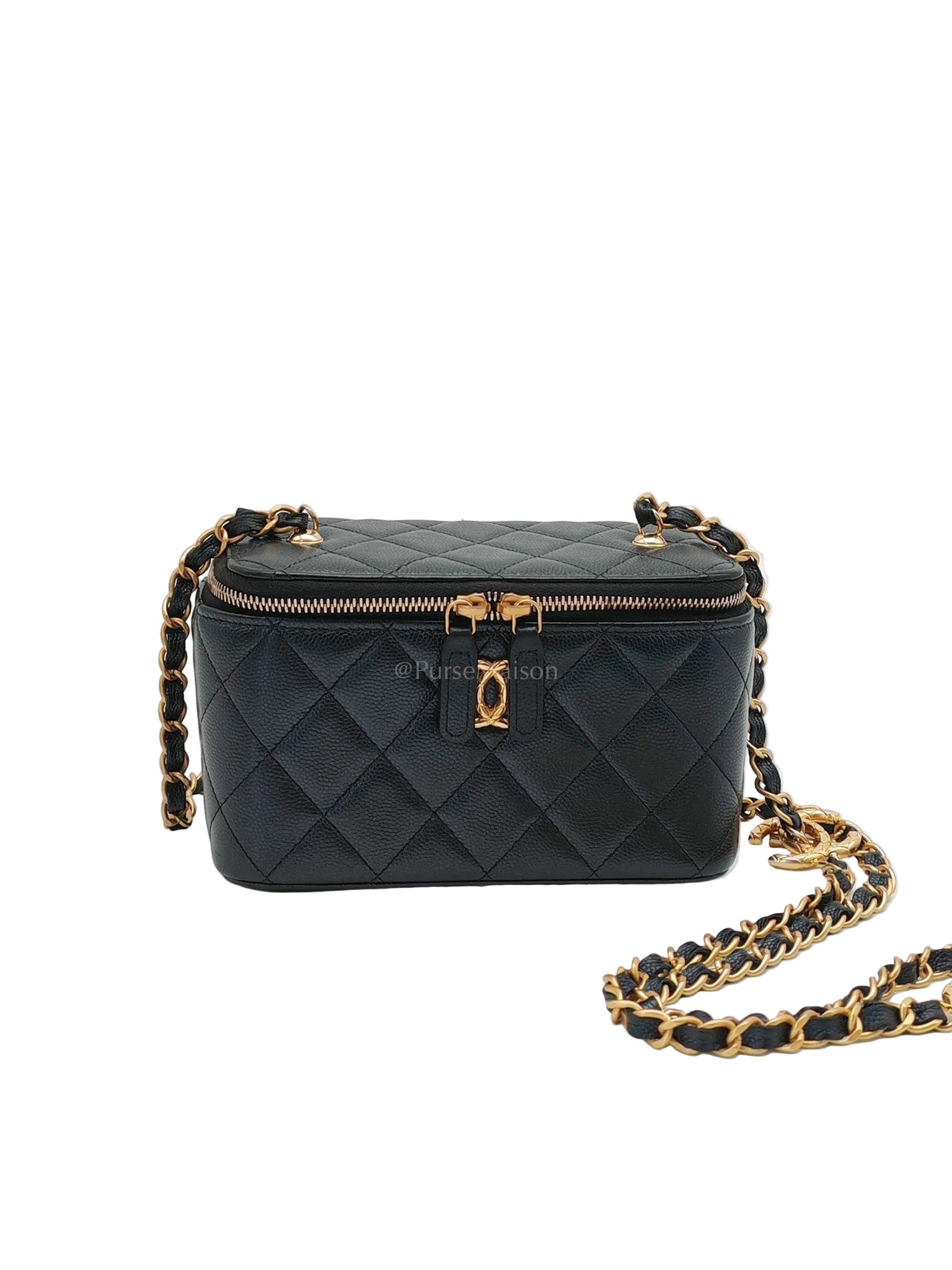 Vanity in Black Iridescent Caviar Leather and Aged Gold Hardware with Adjustable Chain Strap (Microchip) | Purse Maison Luxury Bags Shop