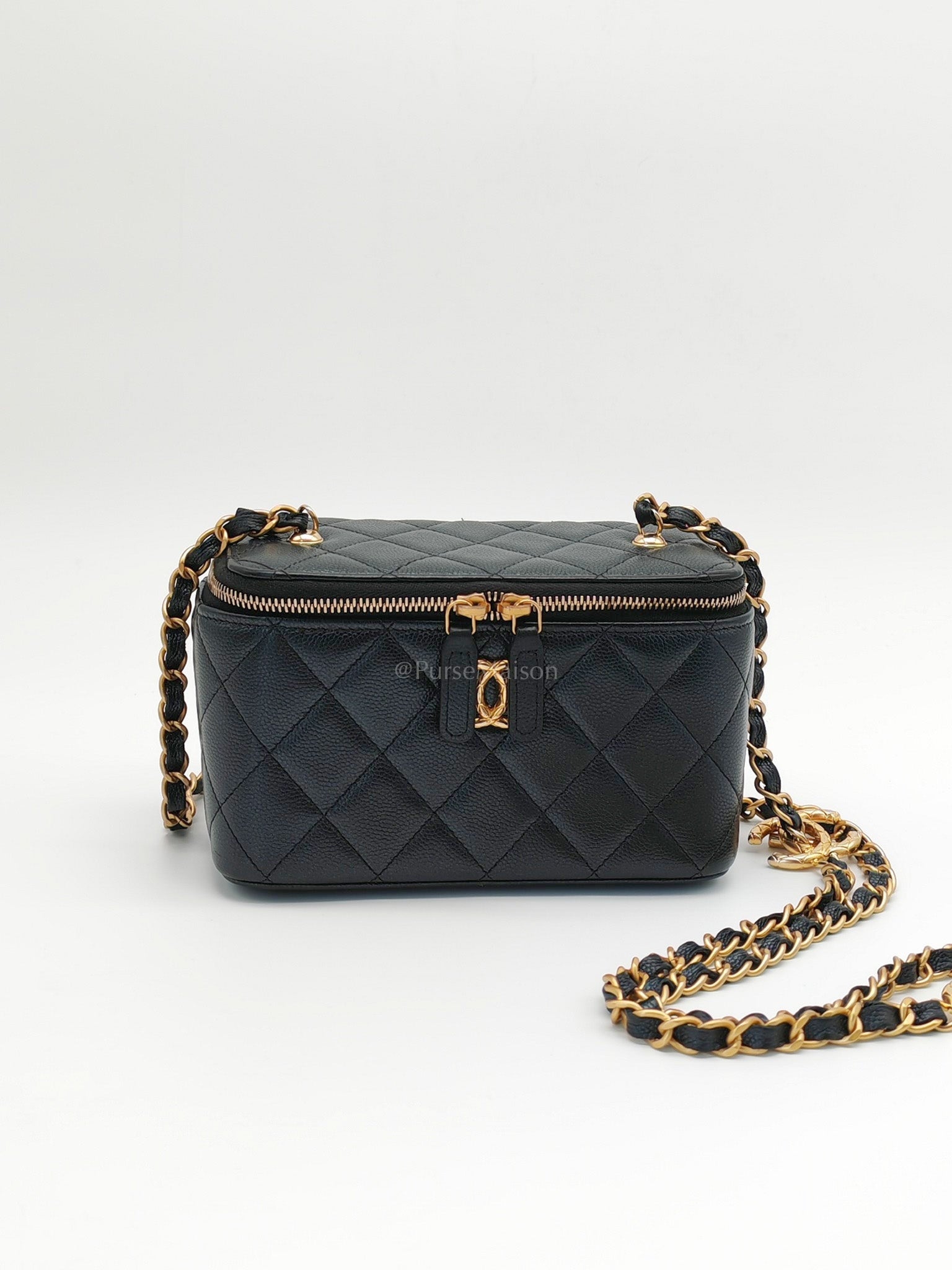 Vanity in Black Iridescent Caviar Leather and Aged Gold Hardware with Adjustable Chain Strap (Microchip) | Purse Maison Luxury Bags Shop
