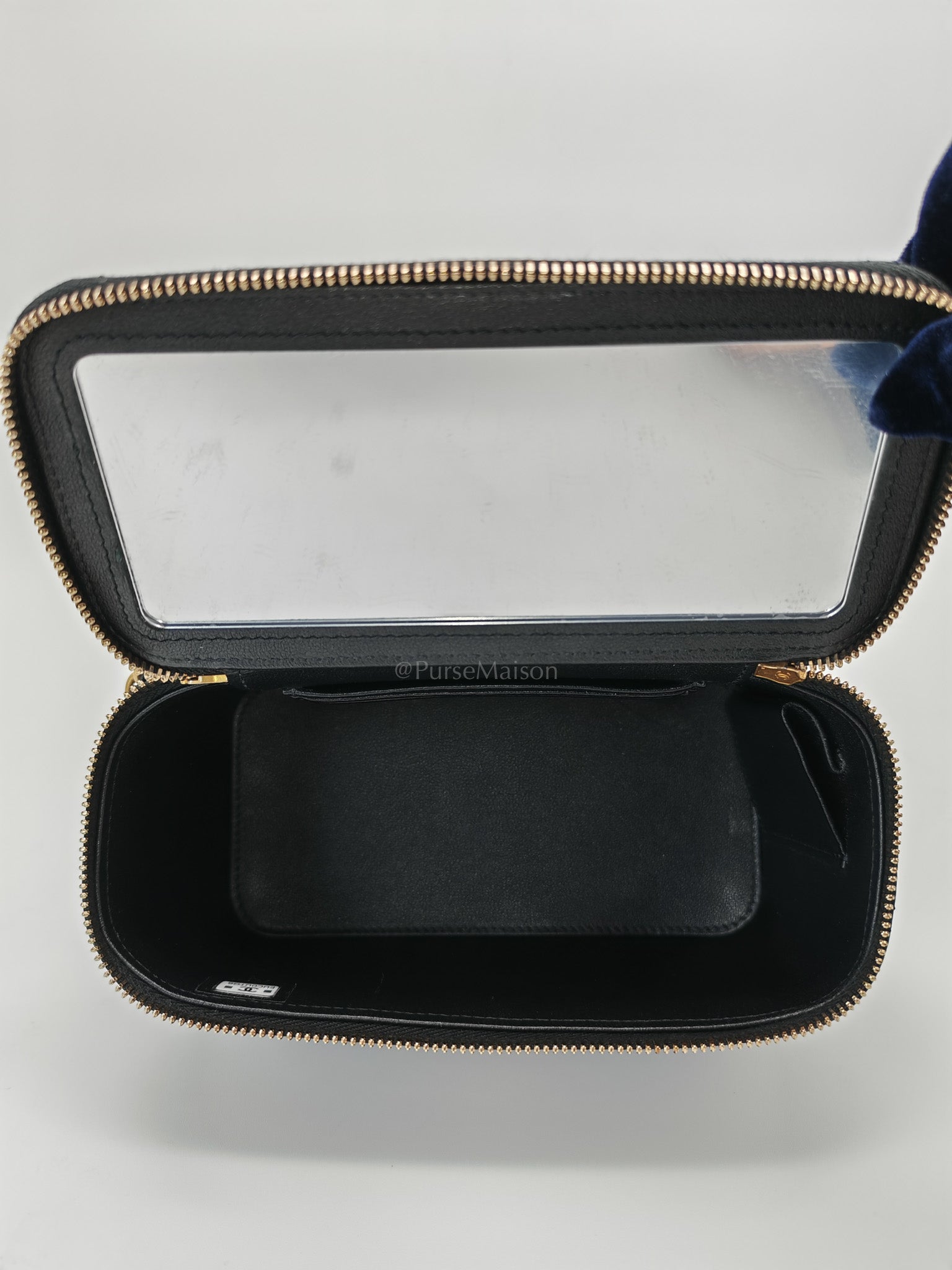 Vanity in Black Iridescent Caviar Leather and Aged Gold Hardware with Adjustable Chain Strap (Microchip) | Purse Maison Luxury Bags Shop