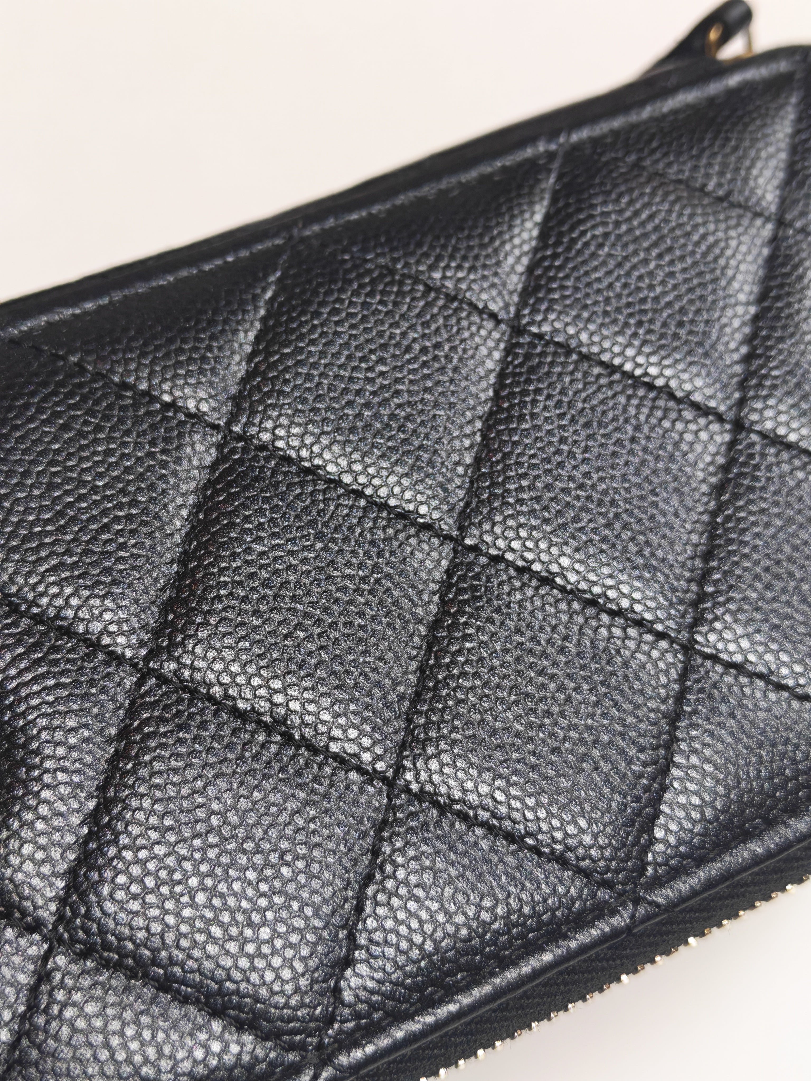 Vanity in Black Iridescent Caviar Leather and Aged Gold Hardware with Adjustable Chain Strap (Microchip) | Purse Maison Luxury Bags Shop