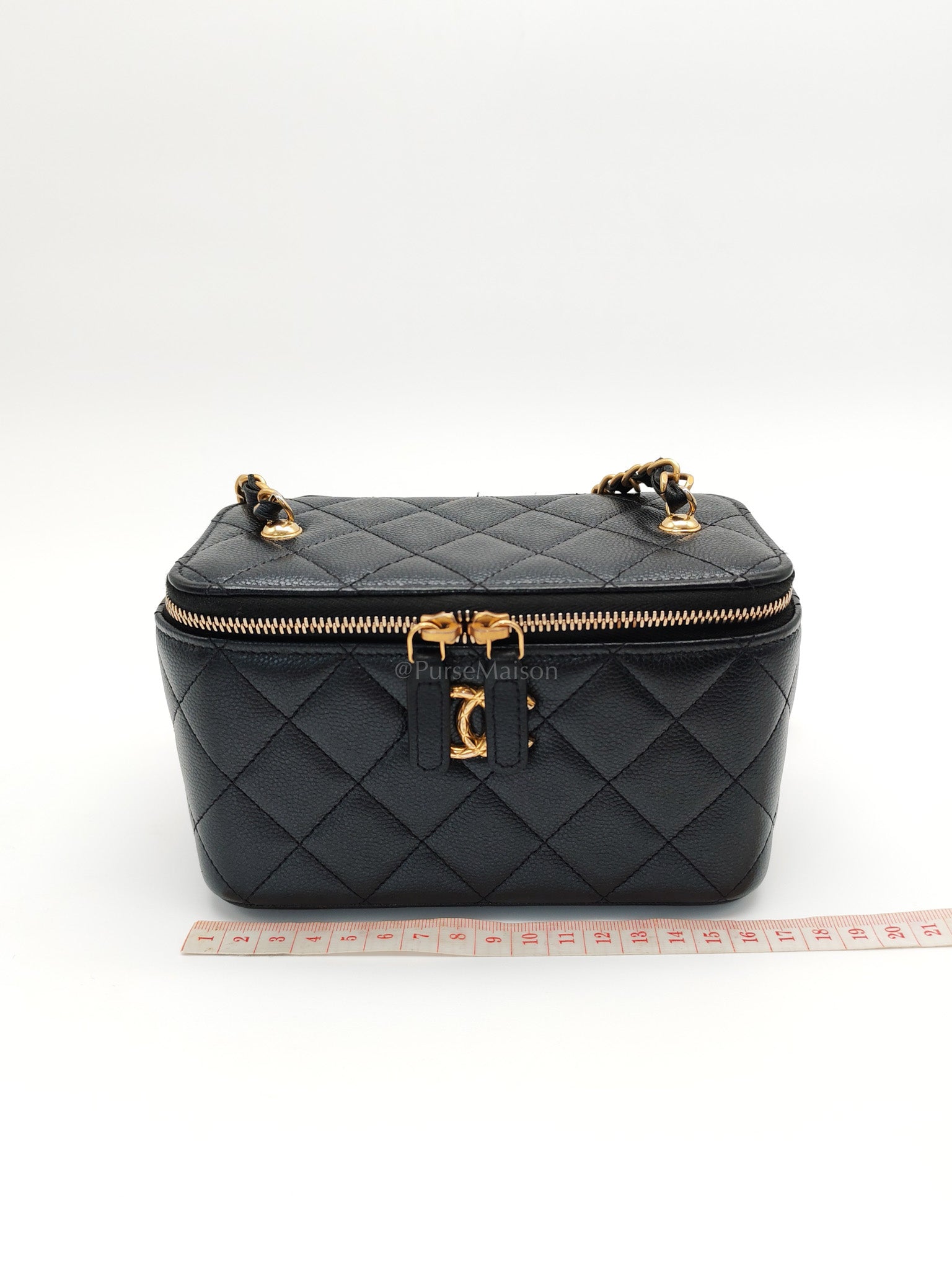 Vanity in Black Iridescent Caviar Leather and Aged Gold Hardware with Adjustable Chain Strap (Microchip) | Purse Maison Luxury Bags Shop