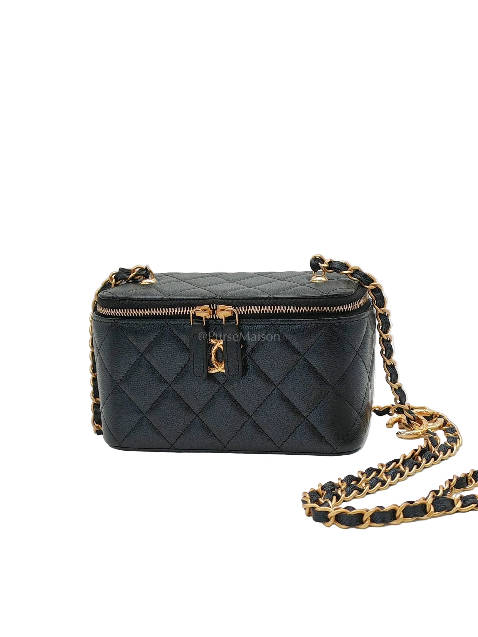 Vanity in Black Iridescent Caviar Leather and Aged Gold Hardware with Adjustable Chain Strap (Microchip) | Purse Maison Luxury Bags Shop