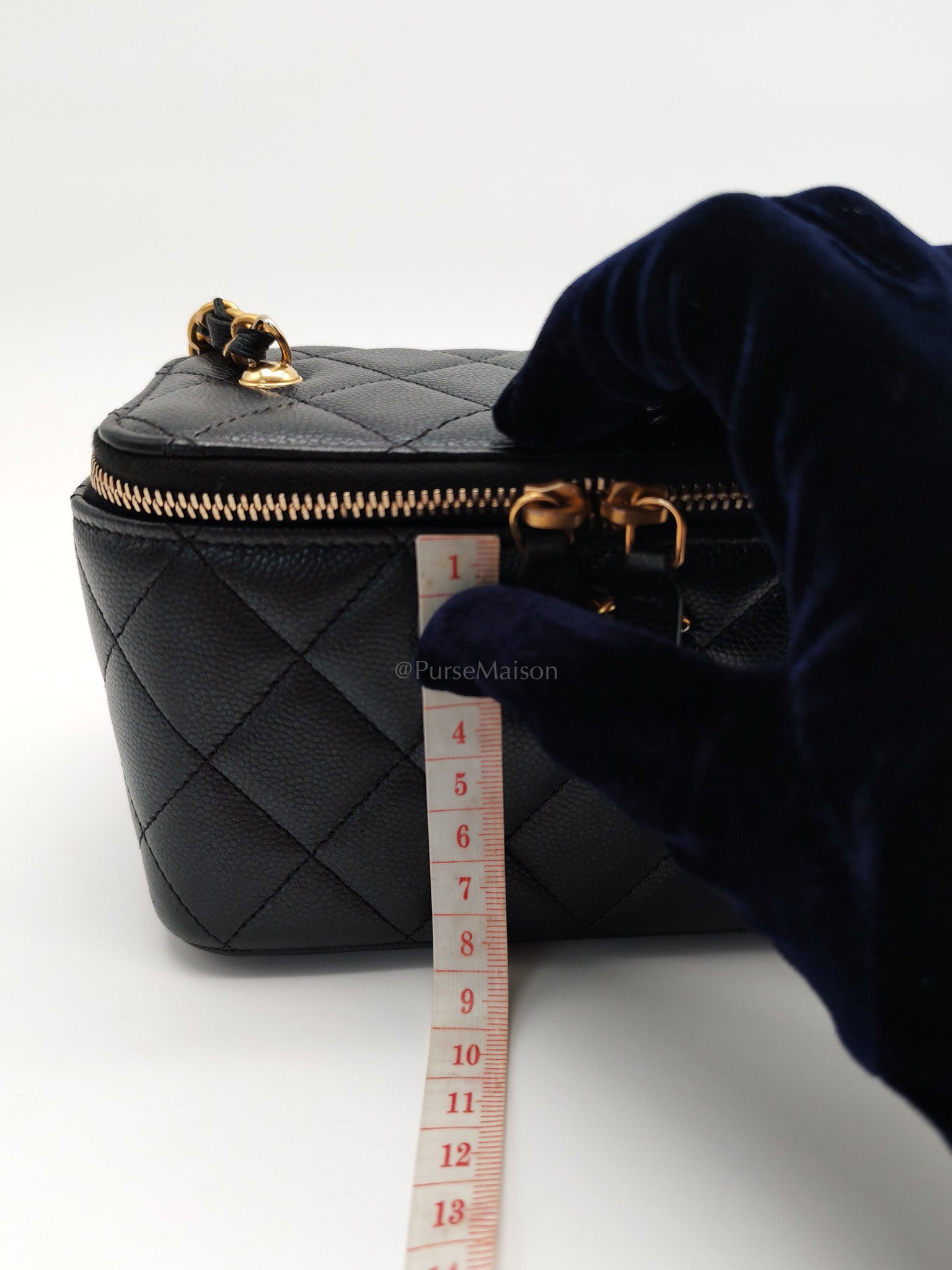Vanity in Black Iridescent Caviar Leather and Aged Gold Hardware with Adjustable Chain Strap (Microchip) | Purse Maison Luxury Bags Shop