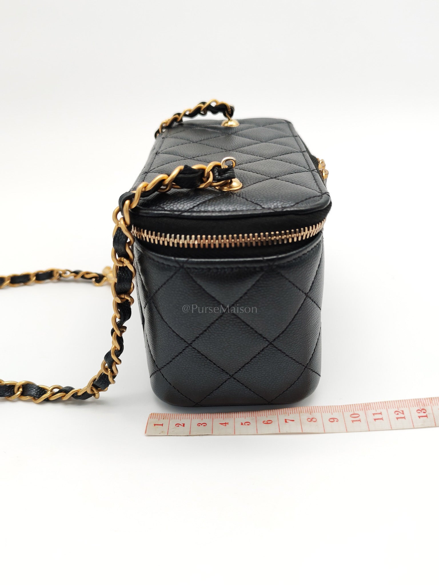 Vanity in Black Iridescent Caviar Leather and Aged Gold Hardware with Adjustable Chain Strap (Microchip) | Purse Maison Luxury Bags Shop