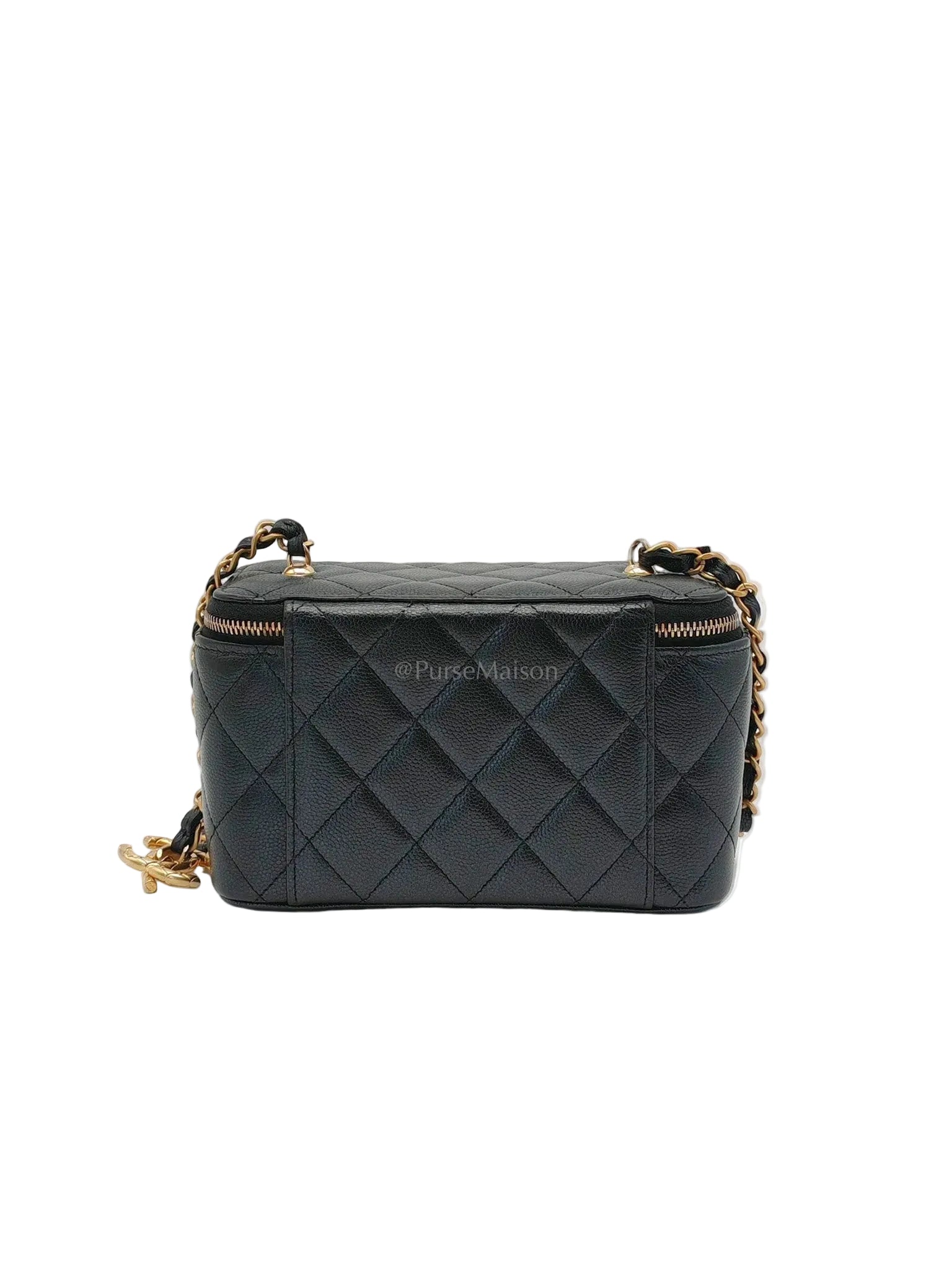 Vanity in Black Iridescent Caviar Leather and Aged Gold Hardware with Adjustable Chain Strap (Microchip) | Purse Maison Luxury Bags Shop