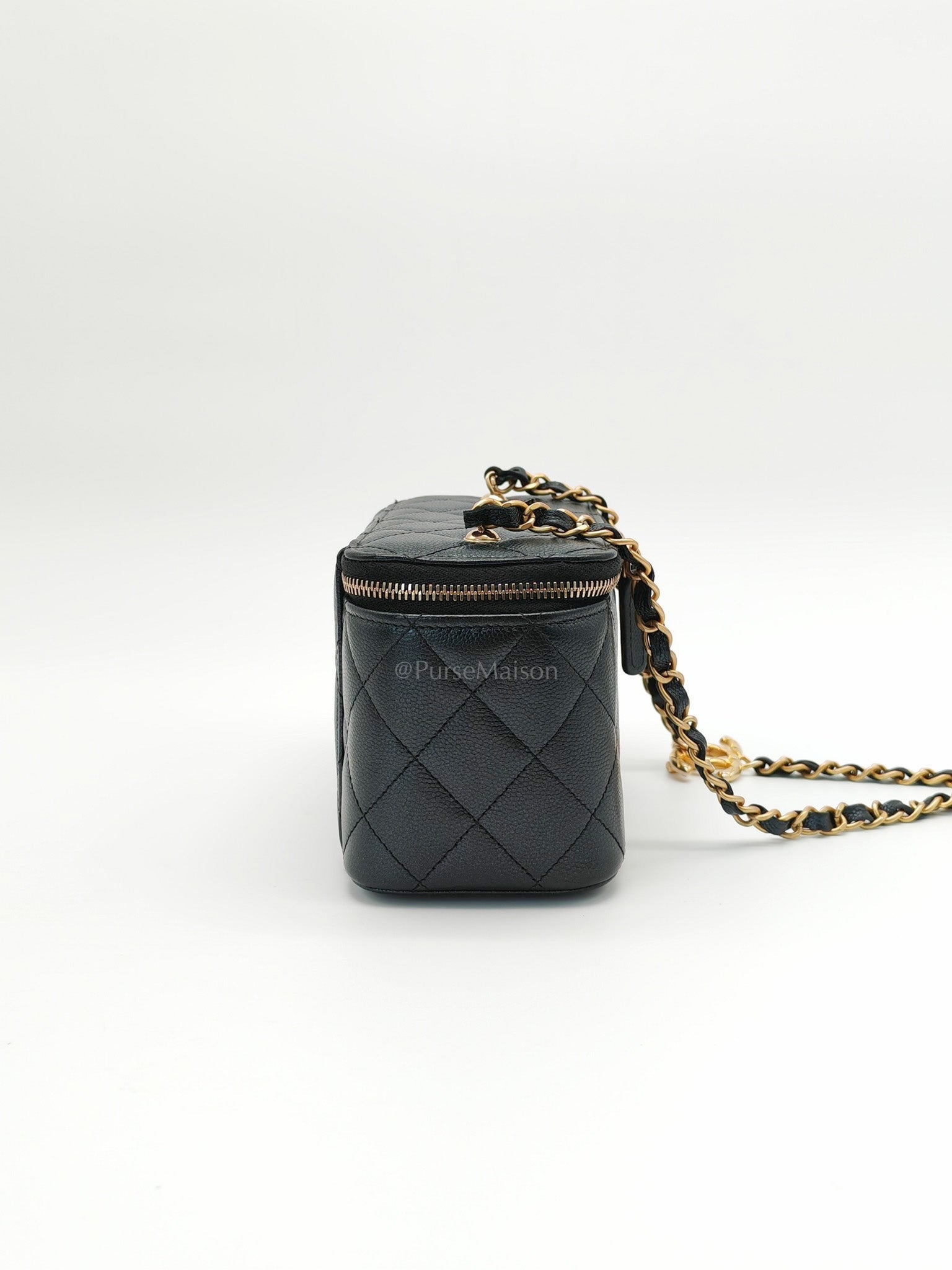 Vanity in Black Iridescent Caviar Leather and Aged Gold Hardware with Adjustable Chain Strap (Microchip) | Purse Maison Luxury Bags Shop