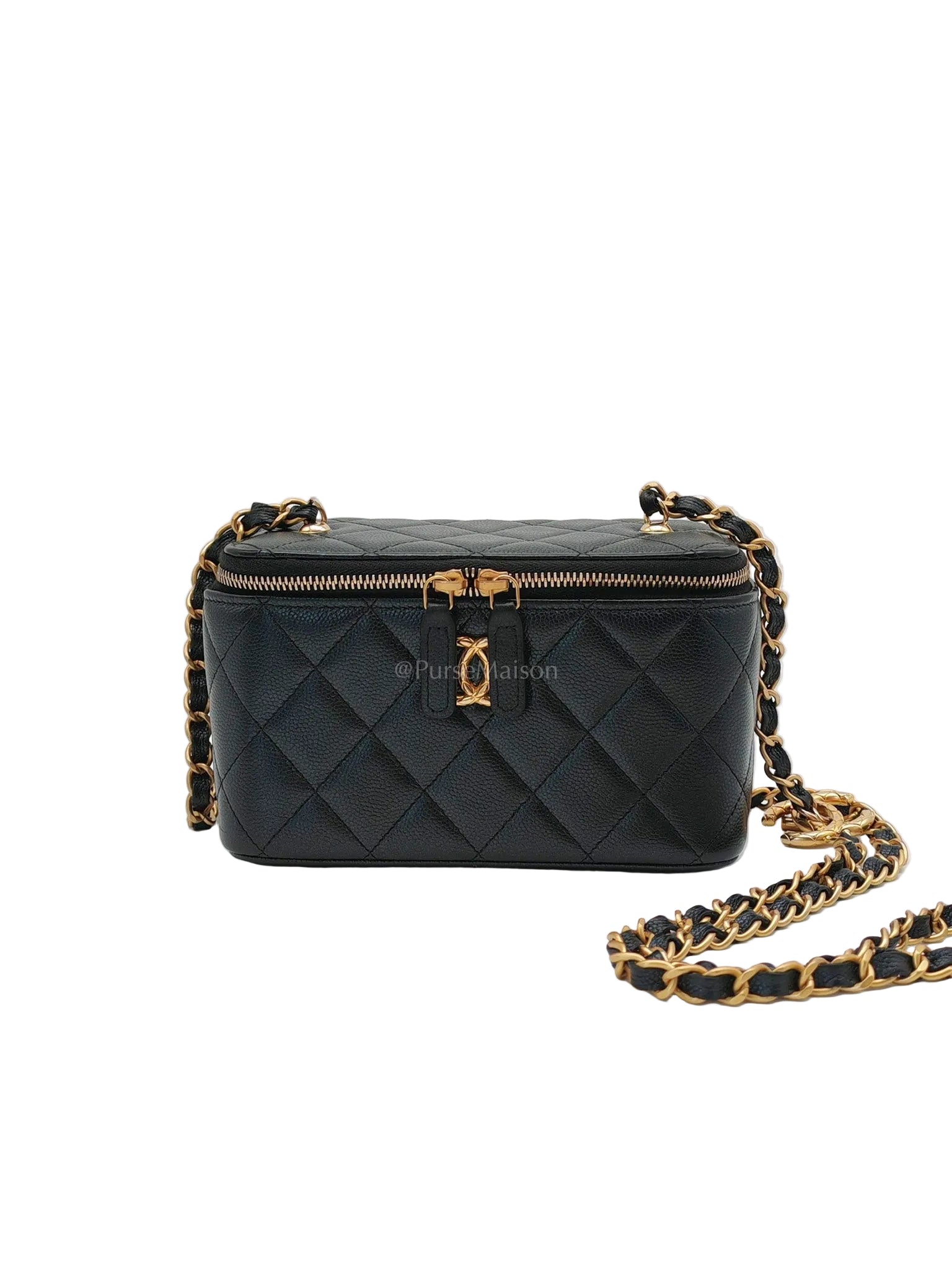 Vanity in Black Iridescent Caviar Leather and Aged Gold Hardware with Adjustable Chain Strap (Microchip) | Purse Maison Luxury Bags Shop