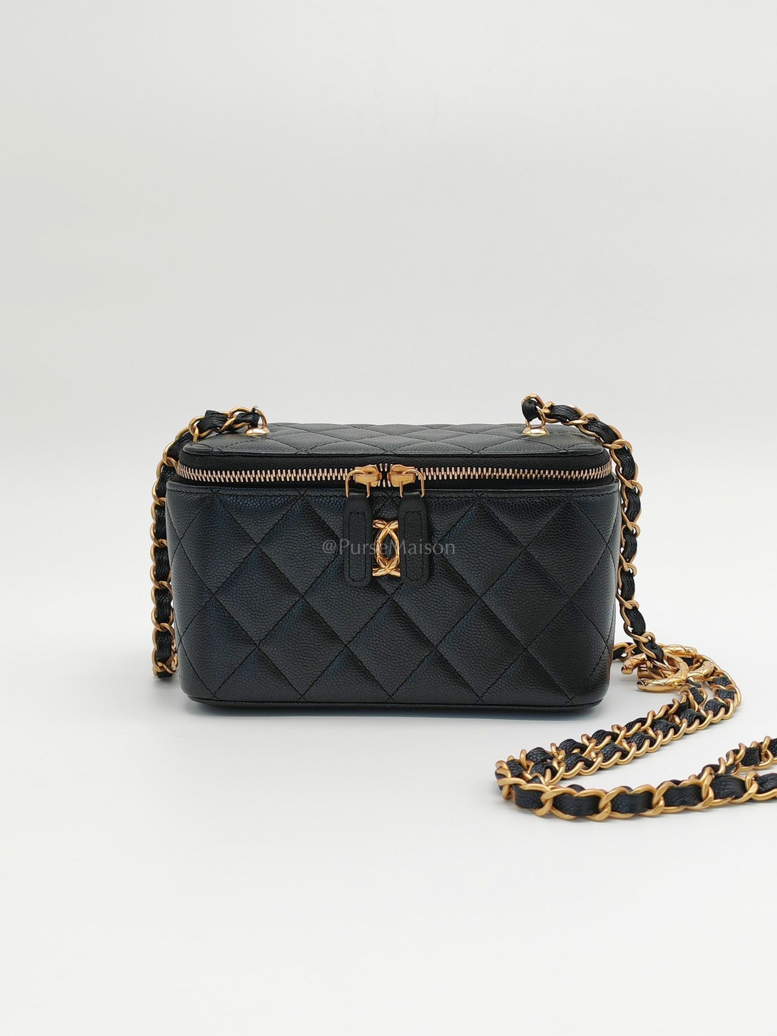 Vanity in Black Iridescent Caviar Leather and Aged Gold Hardware with Adjustable Chain Strap (Microchip) | Purse Maison Luxury Bags Shop