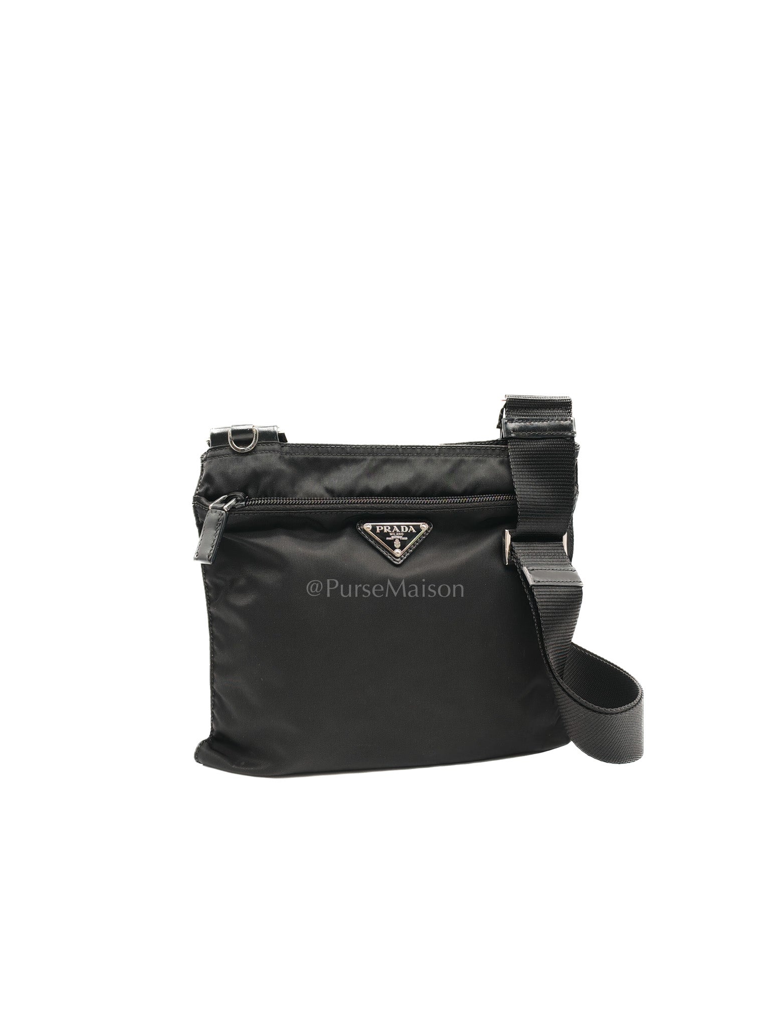 Vela Flat Messenger Bag in Black Nylon Canvas | Purse Maison Luxury Bags Shop