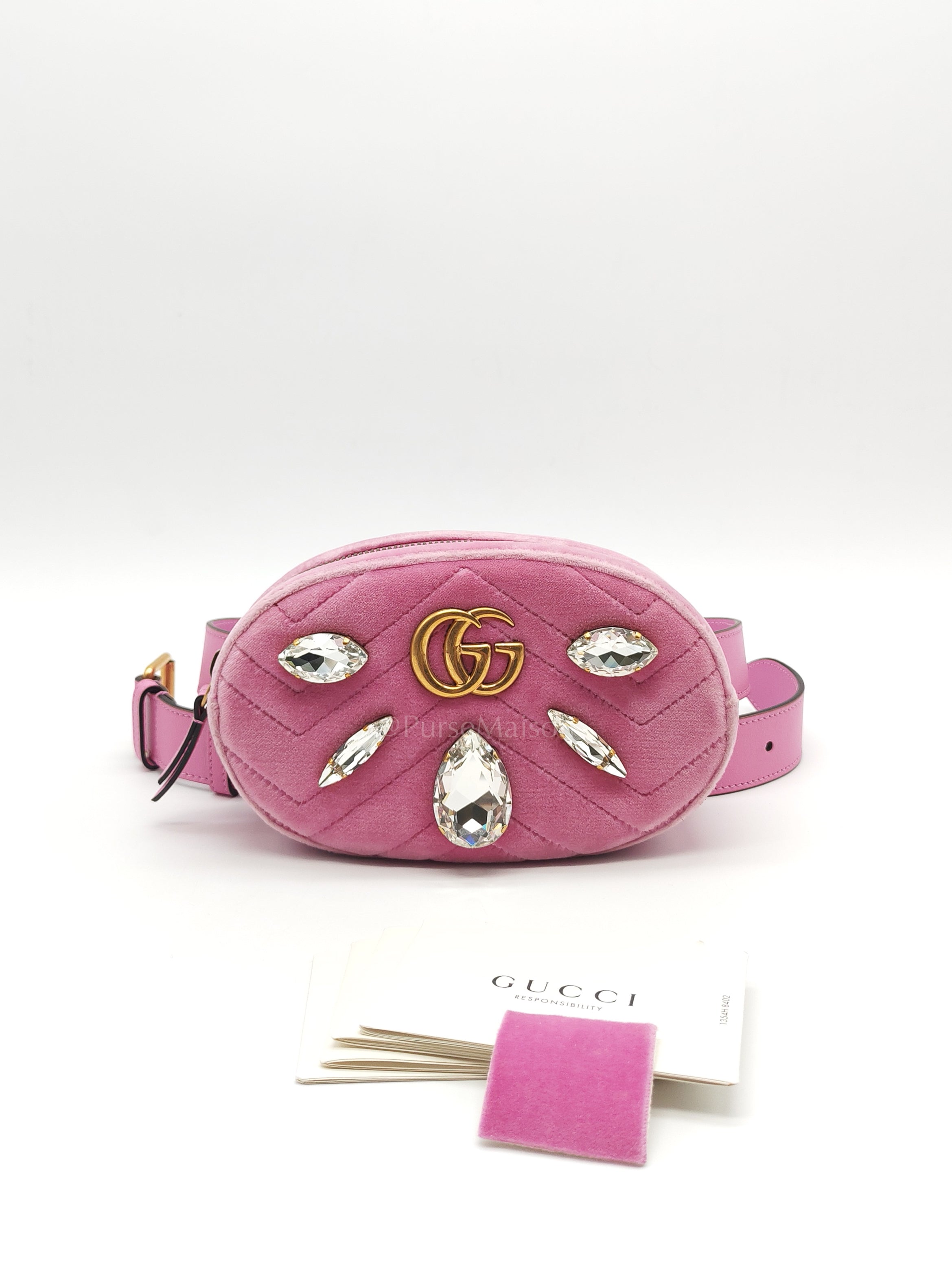 Velvet Belt Bag in Pink GG Marmont Crystal-Embellished Suede Canvas & Gold Hardware | Purse Maison Luxury Bags Shop