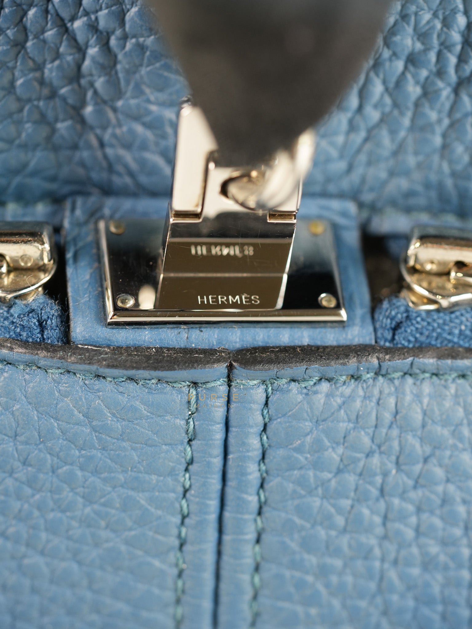 Victoria II 35 in Blue Clemence Leather & Palladium Hardware Stamp Square P(2012) | Purse Maison Luxury Bags Shop