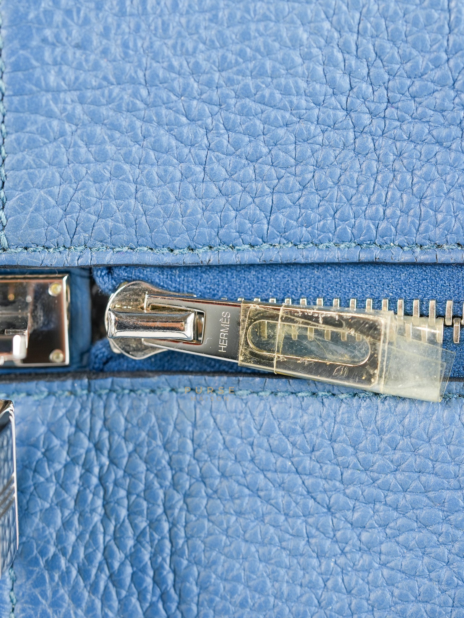 Victoria II 35 in Blue Clemence Leather & Palladium Hardware Stamp Square P(2012) | Purse Maison Luxury Bags Shop