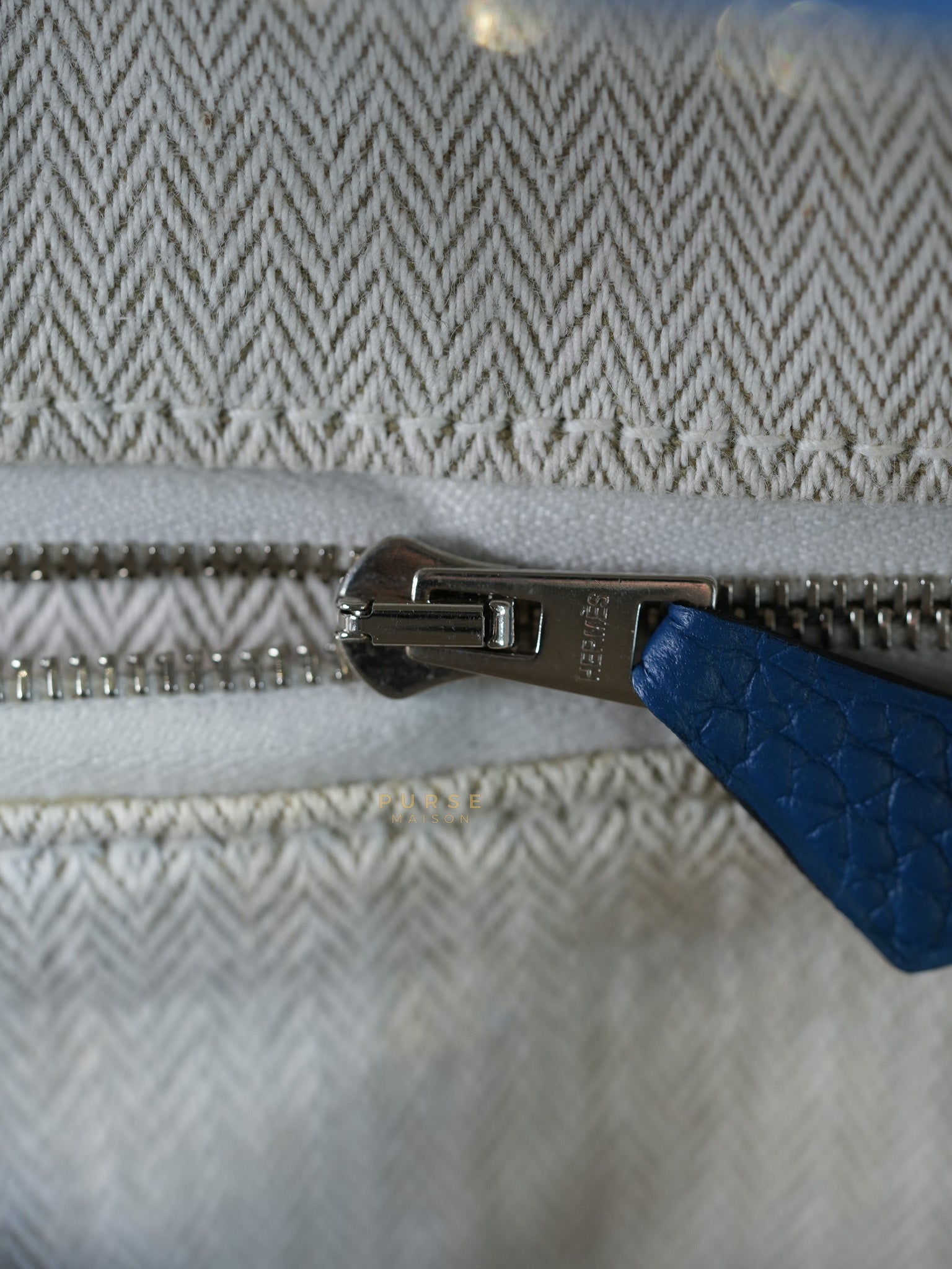 Victoria II 35 in Blue Clemence Leather & Palladium Hardware Stamp Square P(2012) | Purse Maison Luxury Bags Shop