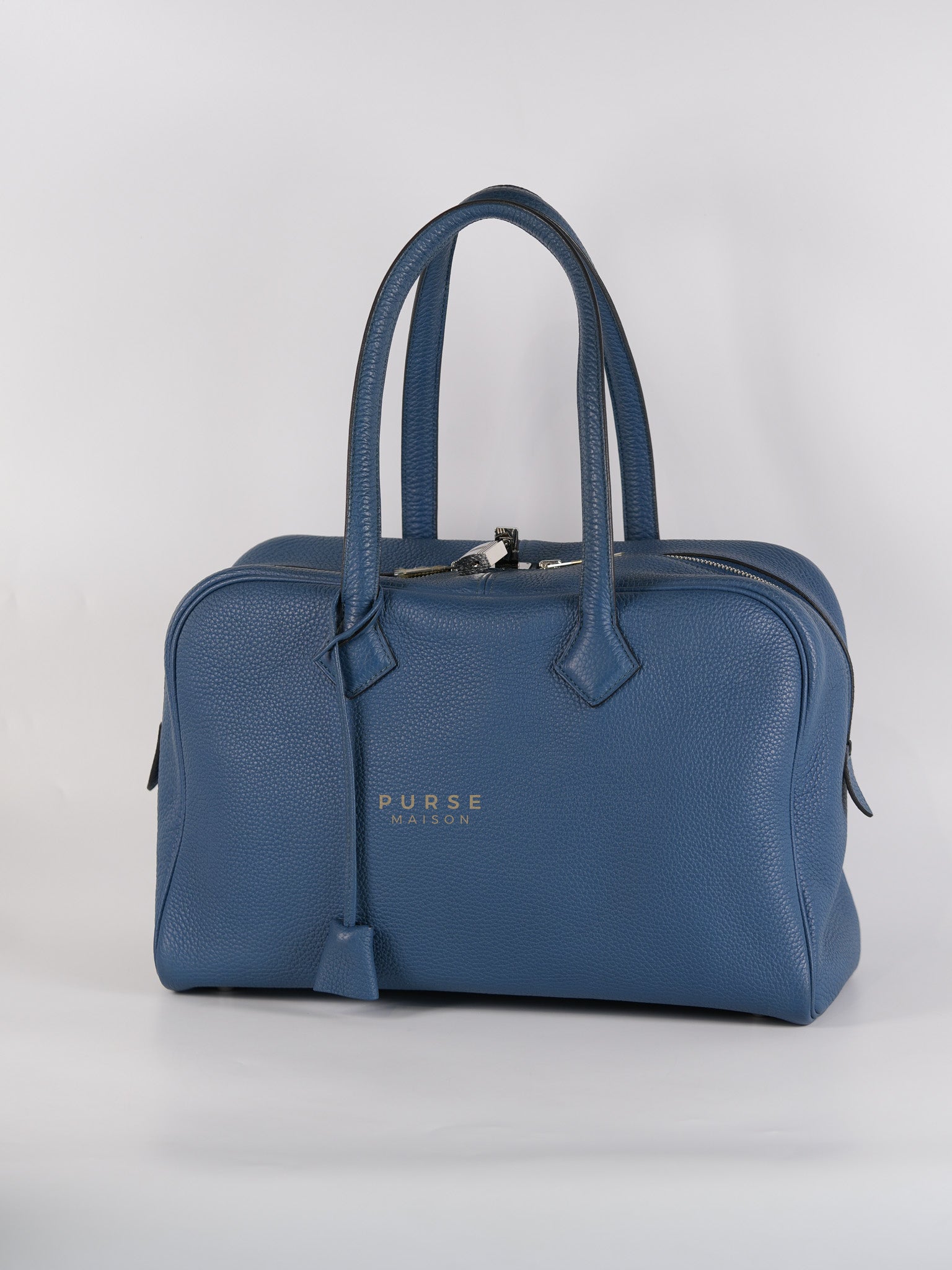 Victoria II 35 in Blue Clemence Leather & Palladium Hardware Stamp Square P(2012) | Purse Maison Luxury Bags Shop
