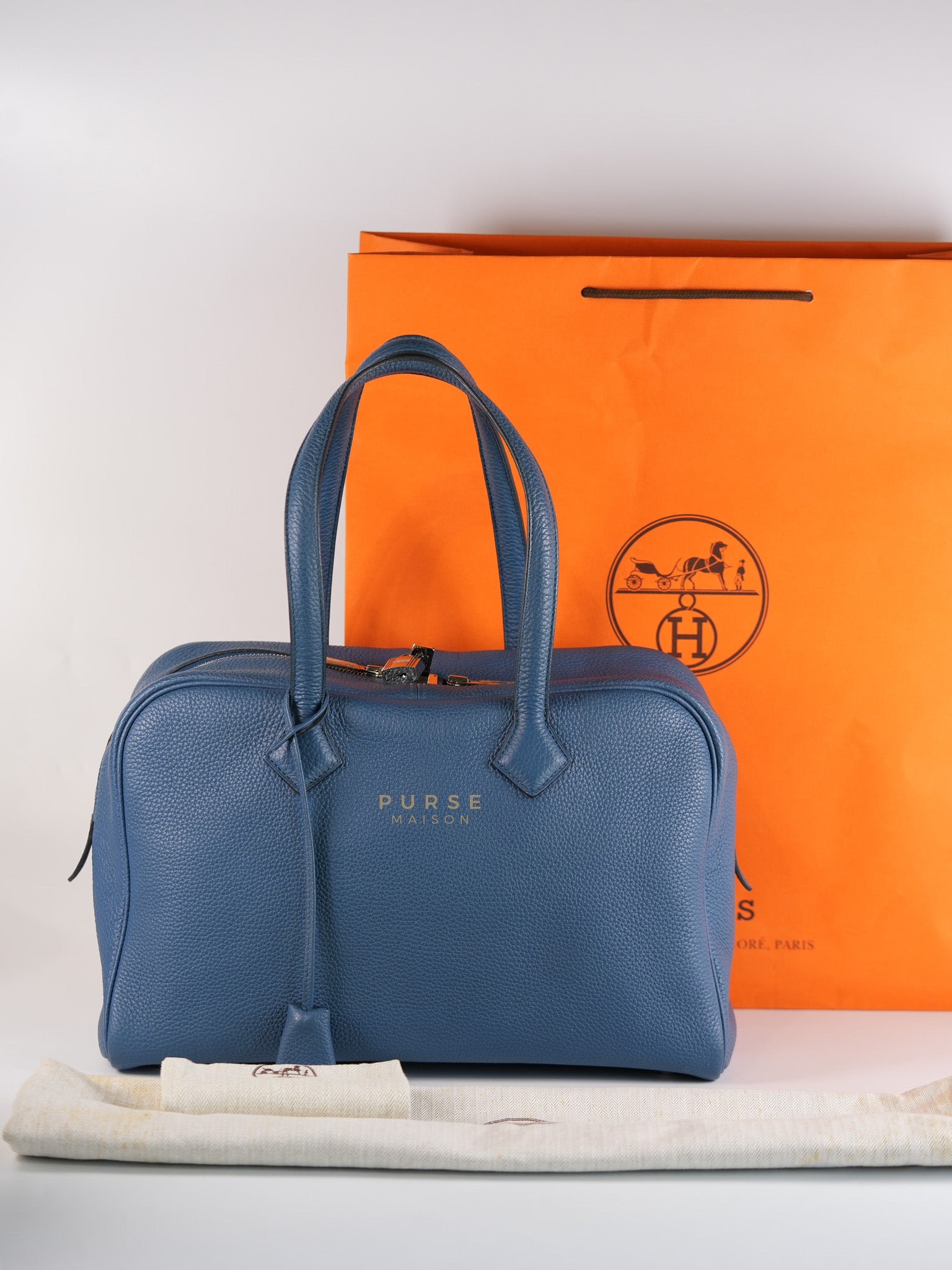 Victoria II 35 in Blue Clemence Leather & Palladium Hardware Stamp Square P(2012) | Purse Maison Luxury Bags Shop