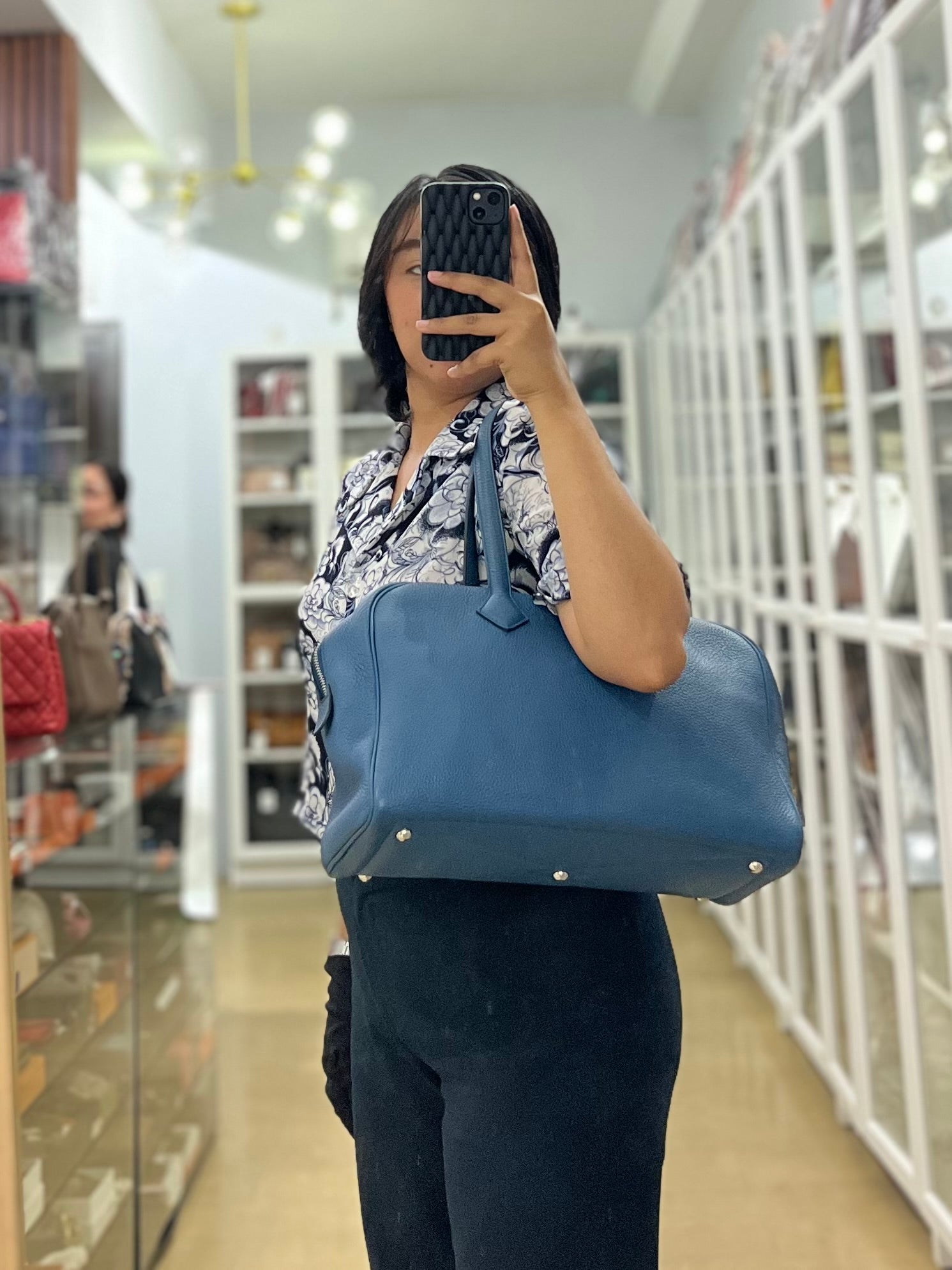 Victoria II 35 in Blue Clemence Leather & Palladium Hardware Stamp Square P(2012) | Purse Maison Luxury Bags Shop