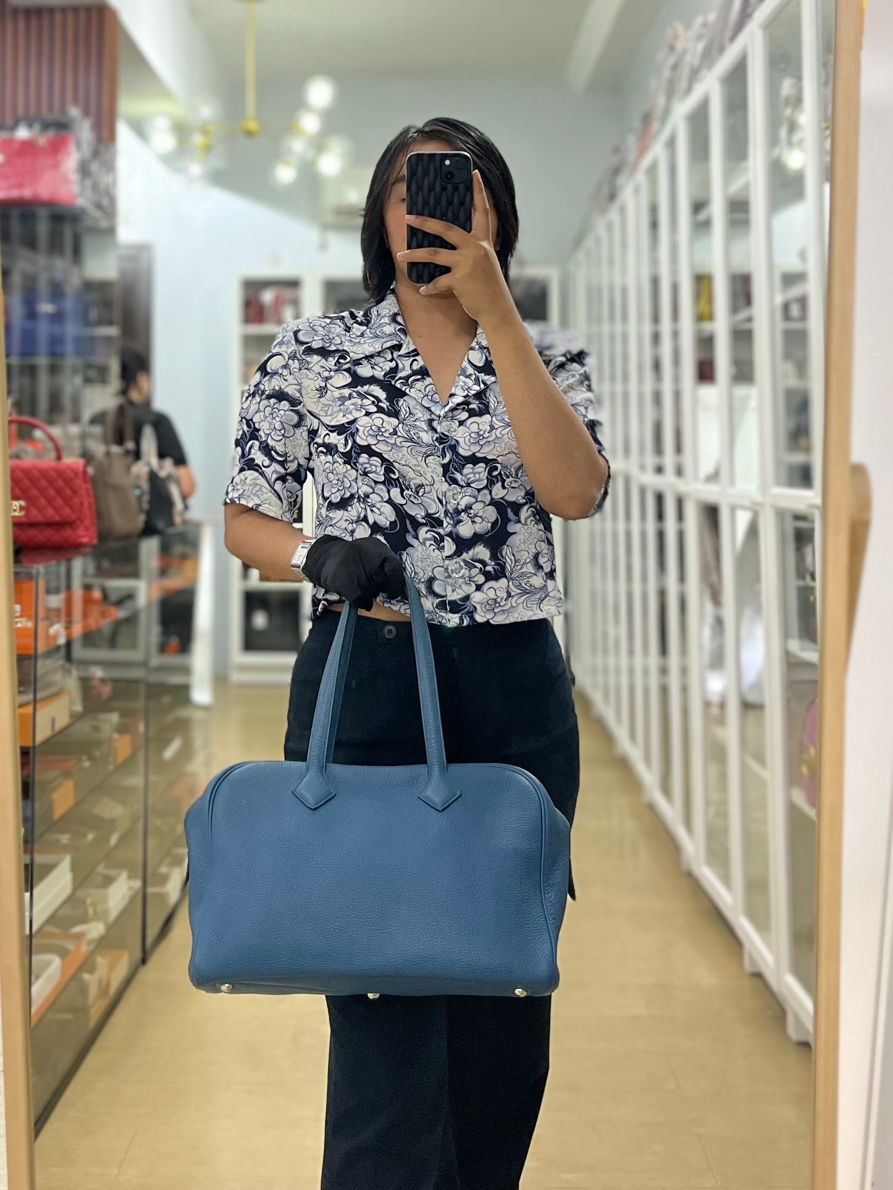 Victoria II 35 in Blue Clemence Leather & Palladium Hardware Stamp Square P(2012) | Purse Maison Luxury Bags Shop