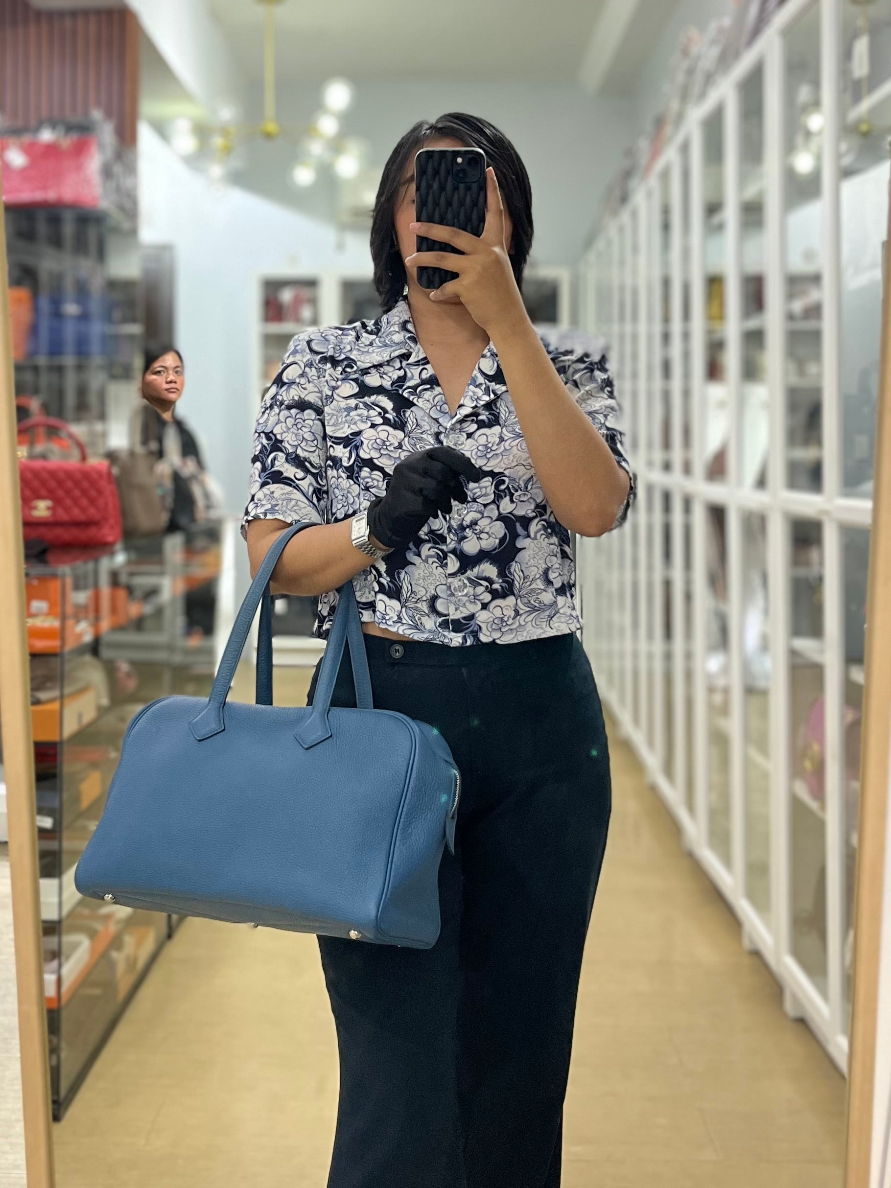 Victoria II 35 in Blue Clemence Leather & Palladium Hardware Stamp Square P(2012) | Purse Maison Luxury Bags Shop