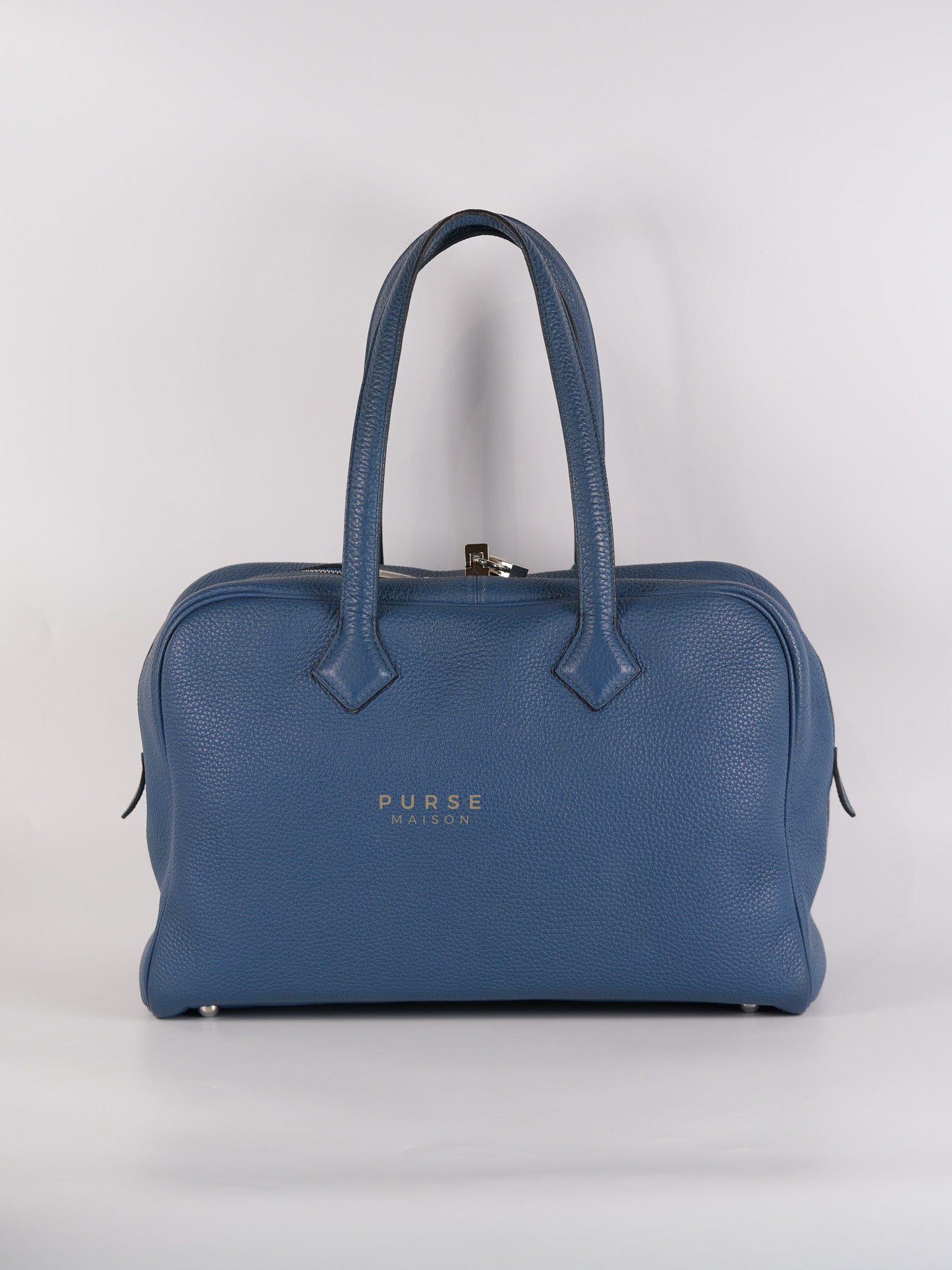 Victoria II 35 in Blue Clemence Leather & Palladium Hardware Stamp Square P(2012) | Purse Maison Luxury Bags Shop