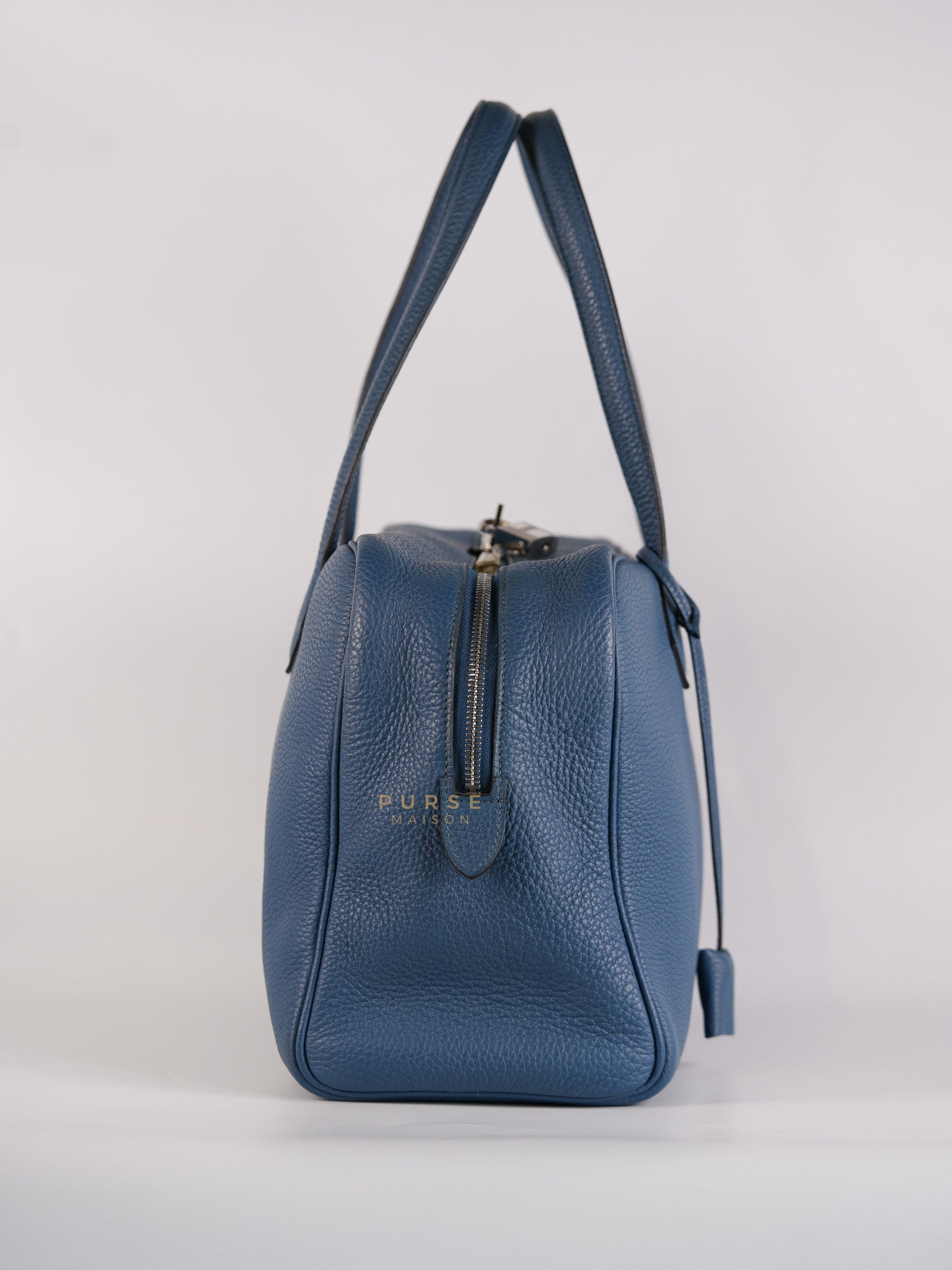Victoria II 35 in Blue Clemence Leather & Palladium Hardware Stamp Square P(2012) | Purse Maison Luxury Bags Shop