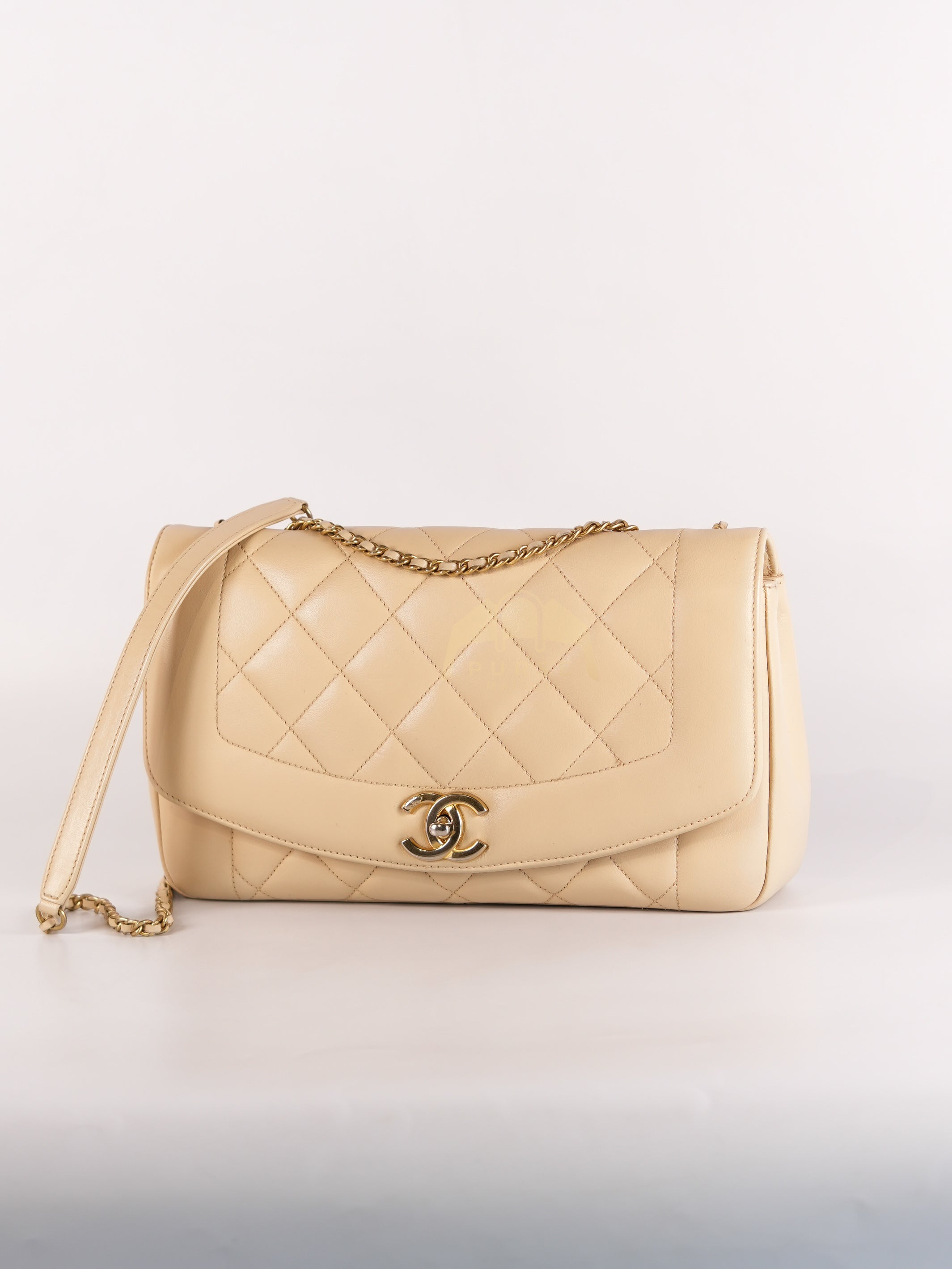 Vintage Diana Medium in Beige Calfskin Leather and Gold Hardware Series 20 | Purse Maison Luxury Bags Shop