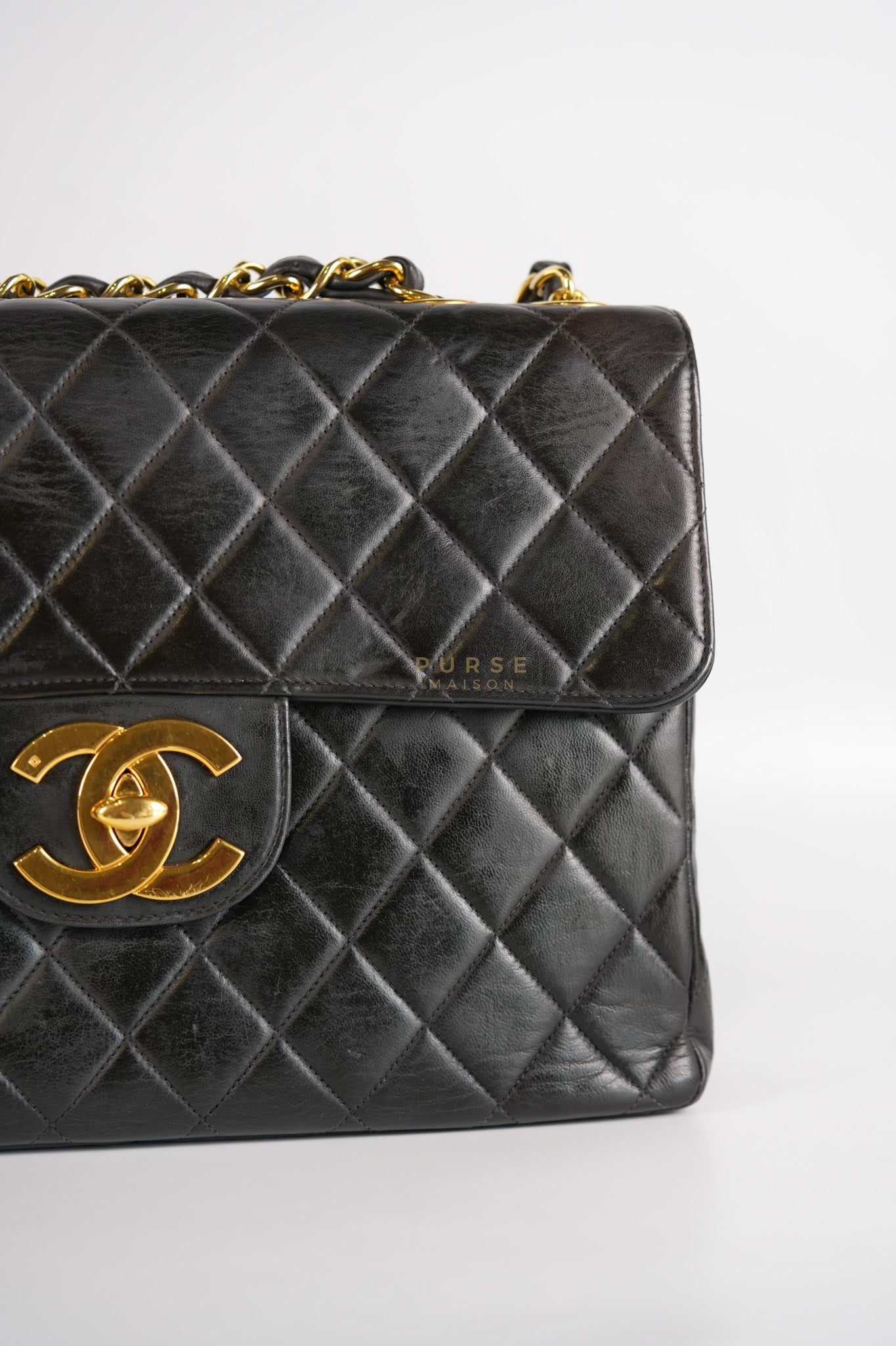 Vintage Jumbo Square Flap Bag in Black Quilted Lambskin Leather 24k Gold Hardware (Series 3) | Purse Maison Luxury Bags Shop