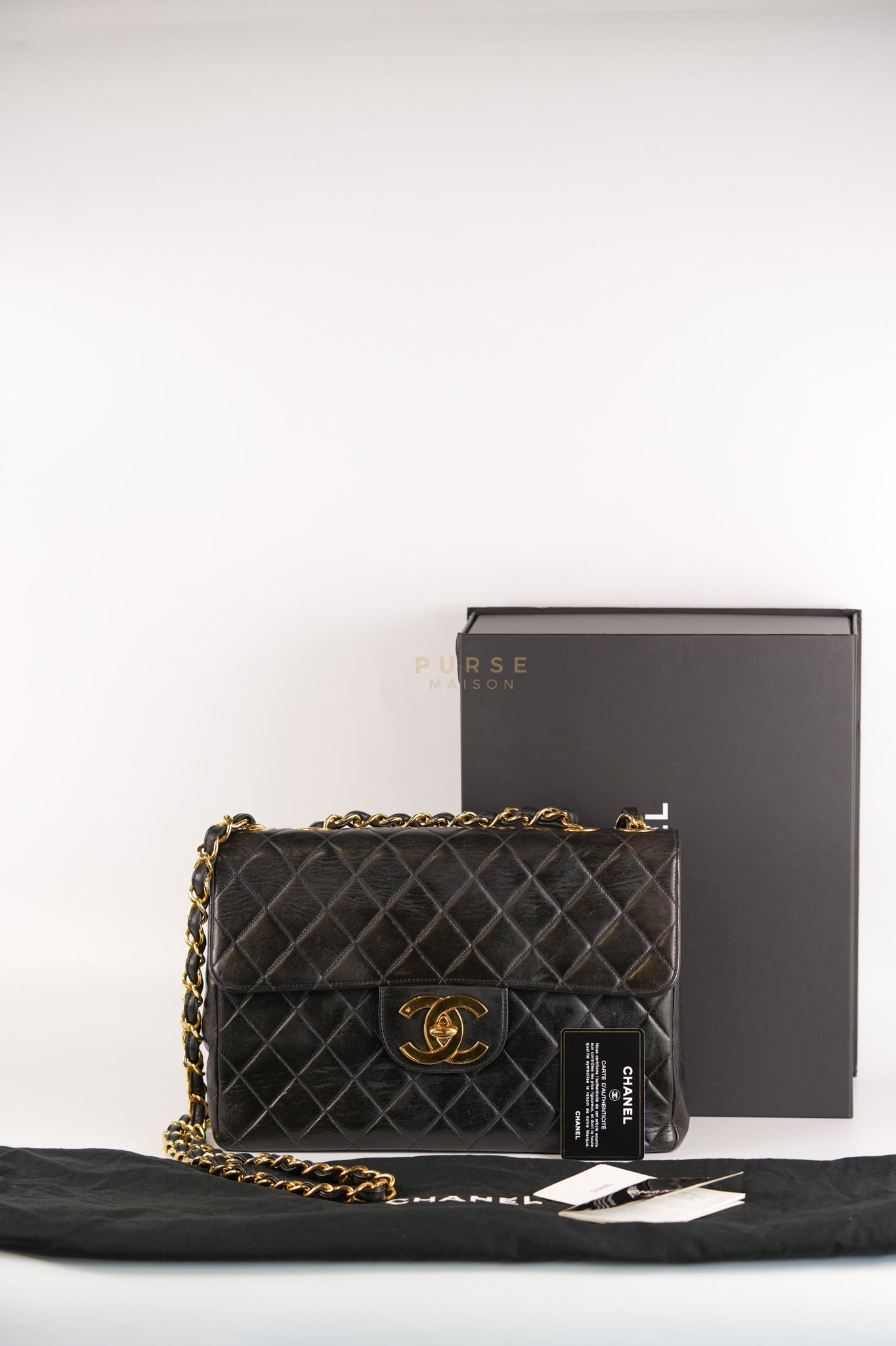 Vintage Jumbo Square Flap Bag in Black Quilted Lambskin Leather 24k Gold Hardware (Series 3) | Purse Maison Luxury Bags Shop