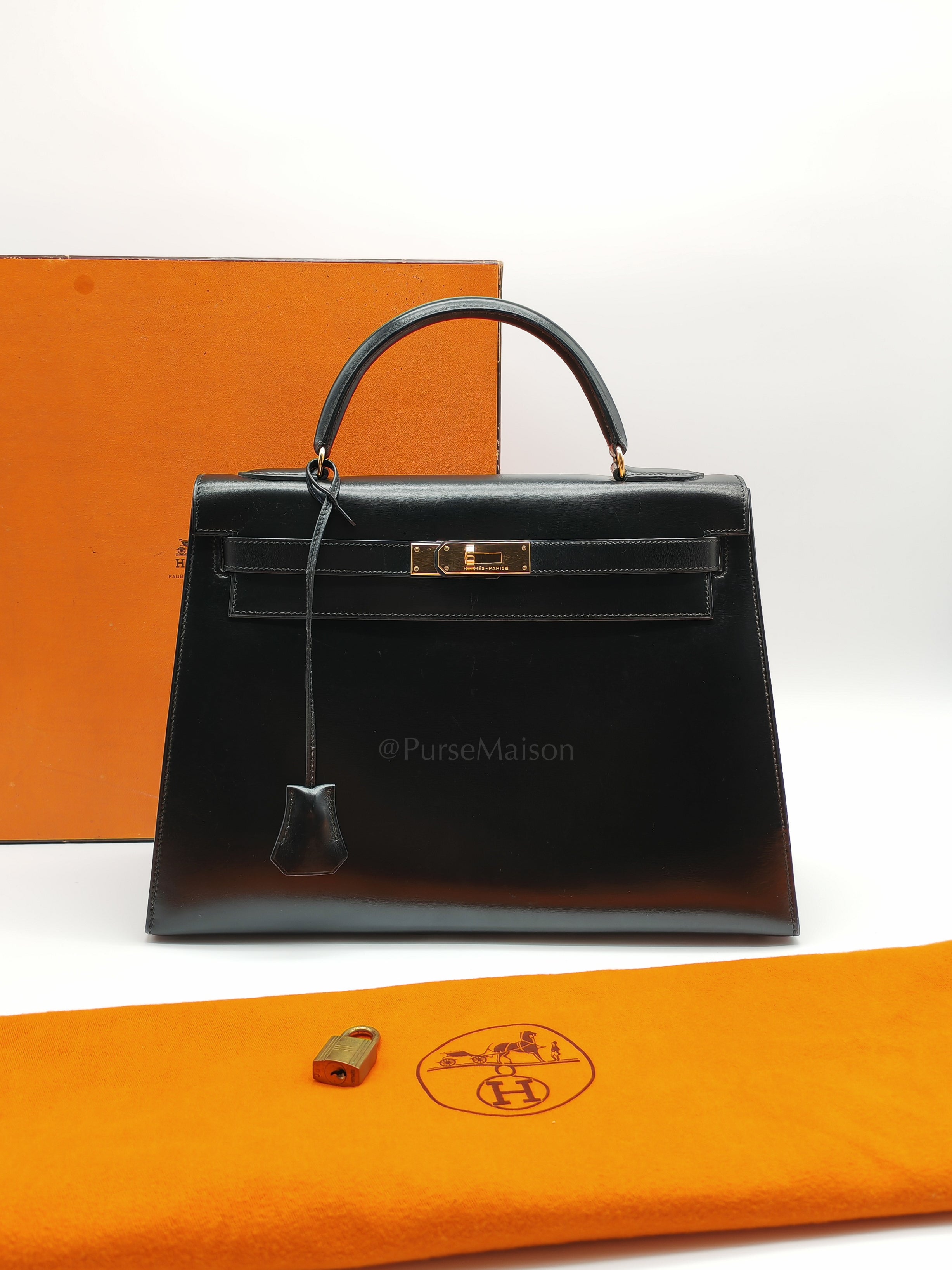 Vintage Kelly 32 Sellier Box Calfskin Leather in Gold Hardware Stamp S Circle(1989) | Purse Maison Luxury Bags Shop