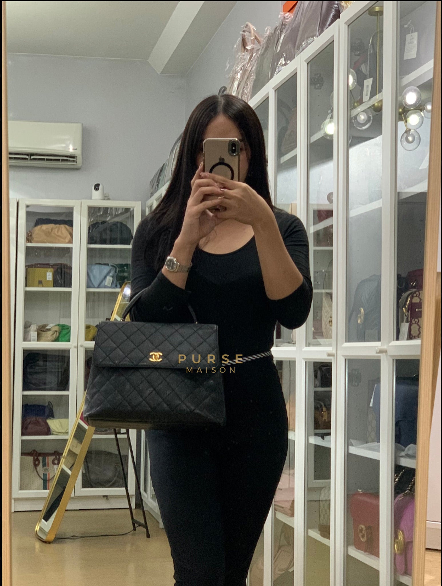 Vintage Kelly Jumbo Top Handle Black Quilted Caviar Leather in Gold Hardware Series 8 | Purse Maison Luxury Bags Shop