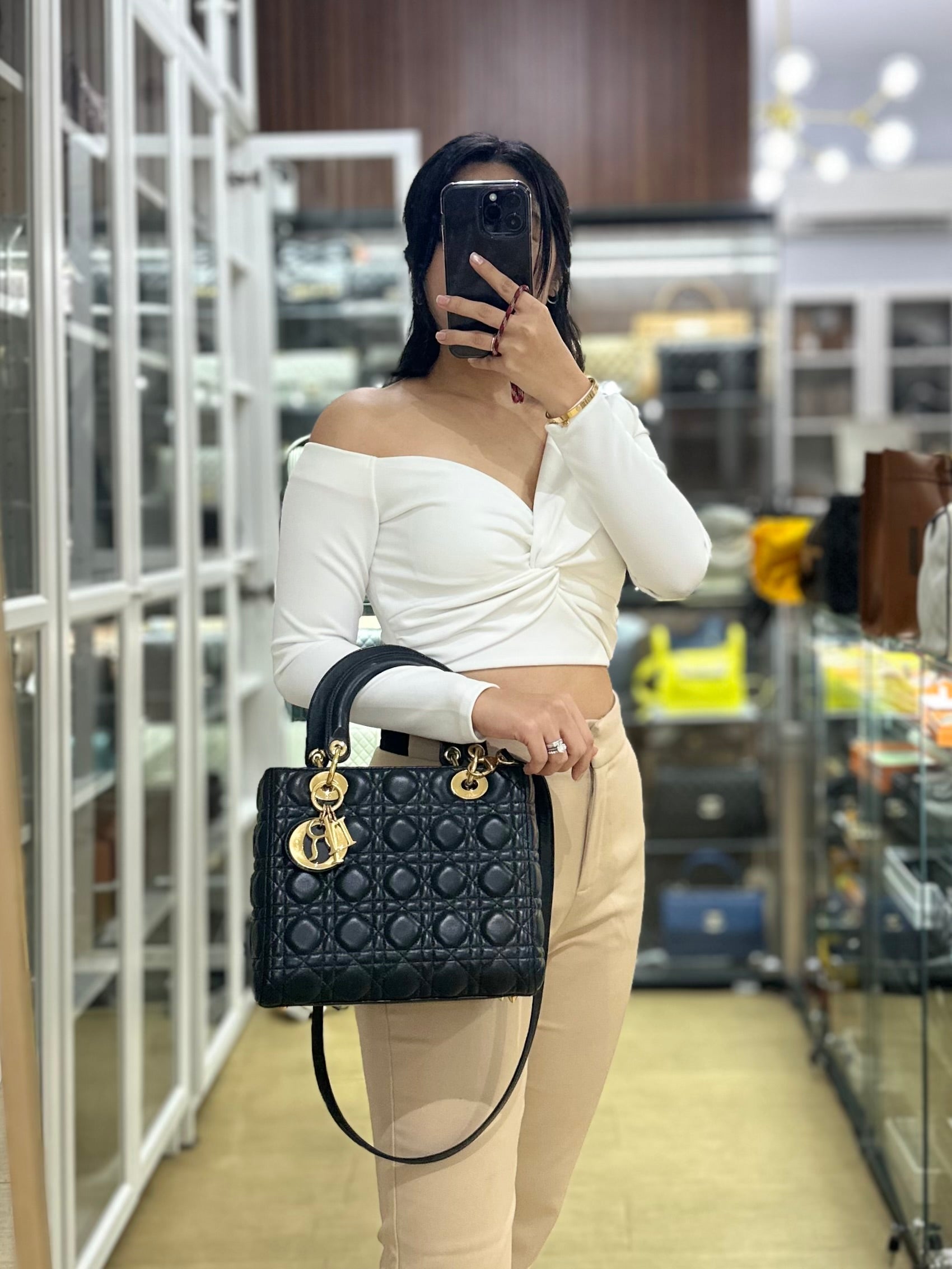 Christian Dior Lady Dior in Black Cannage Lambskin Leather Shoulder Bag