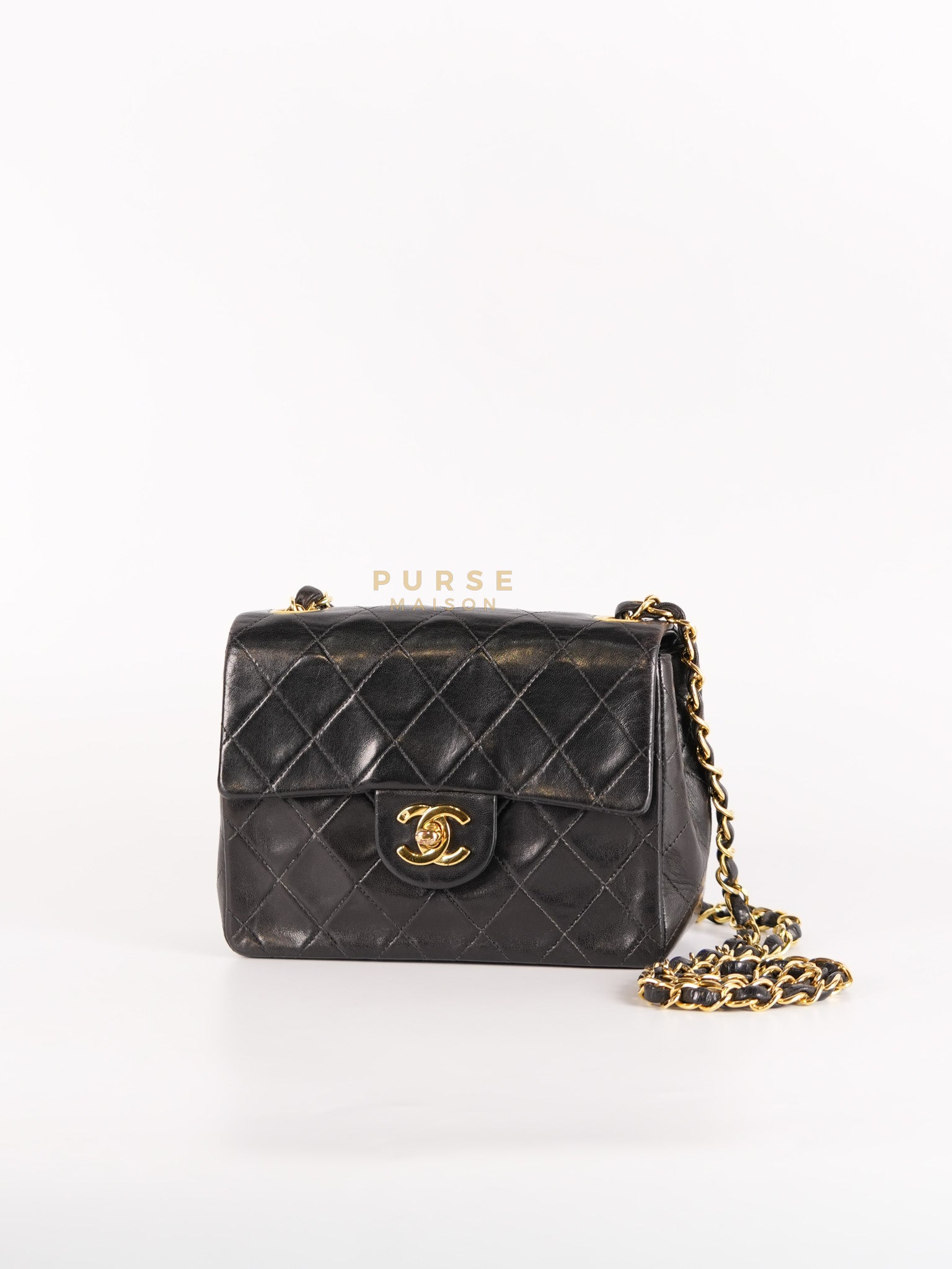 Vintage Mini Square Flap Bag in Black Quilted Lambskin Leather & Gold Hardware Series 4 | Purse Maison Luxury Bags Shop
