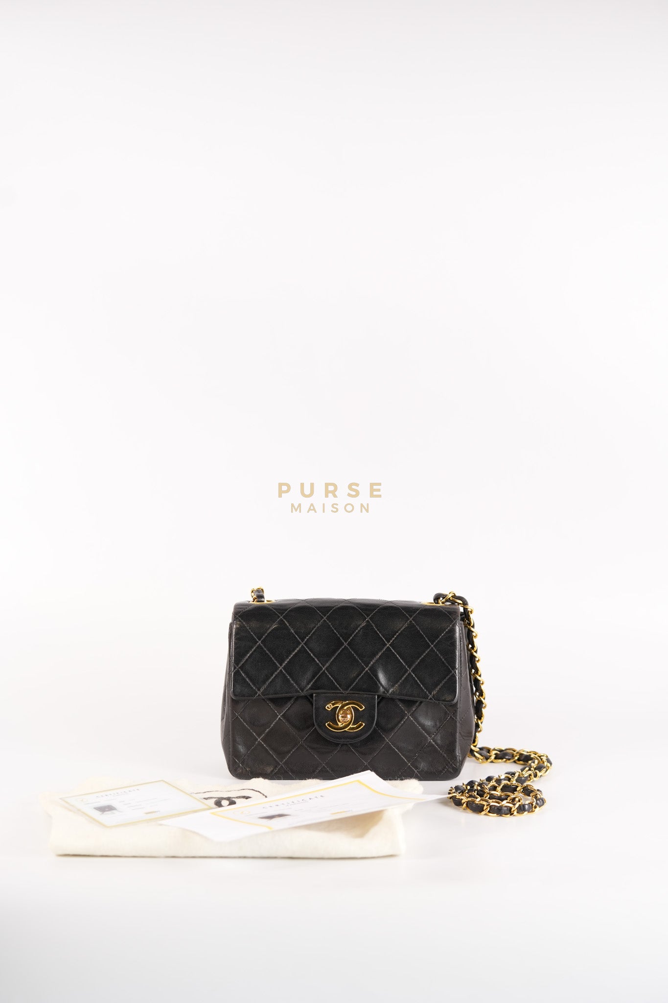 Vintage Mini Square Flap Bag in Black Quilted Lambskin Leather & Gold Hardware Series 4 | Purse Maison Luxury Bags Shop