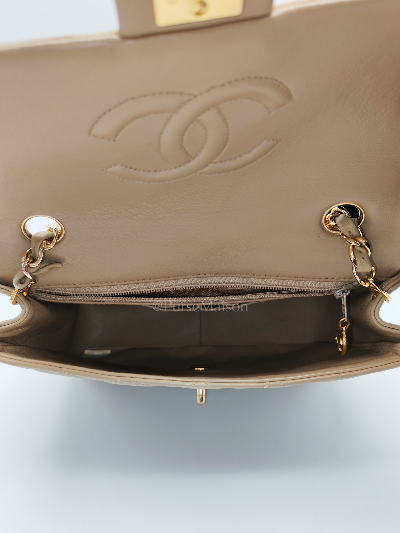 Vintage Single Flap in Dark Beige Quilted Lambskin Leather and Gold Hardware Series 1 | Purse Maison Luxury Bags Shop