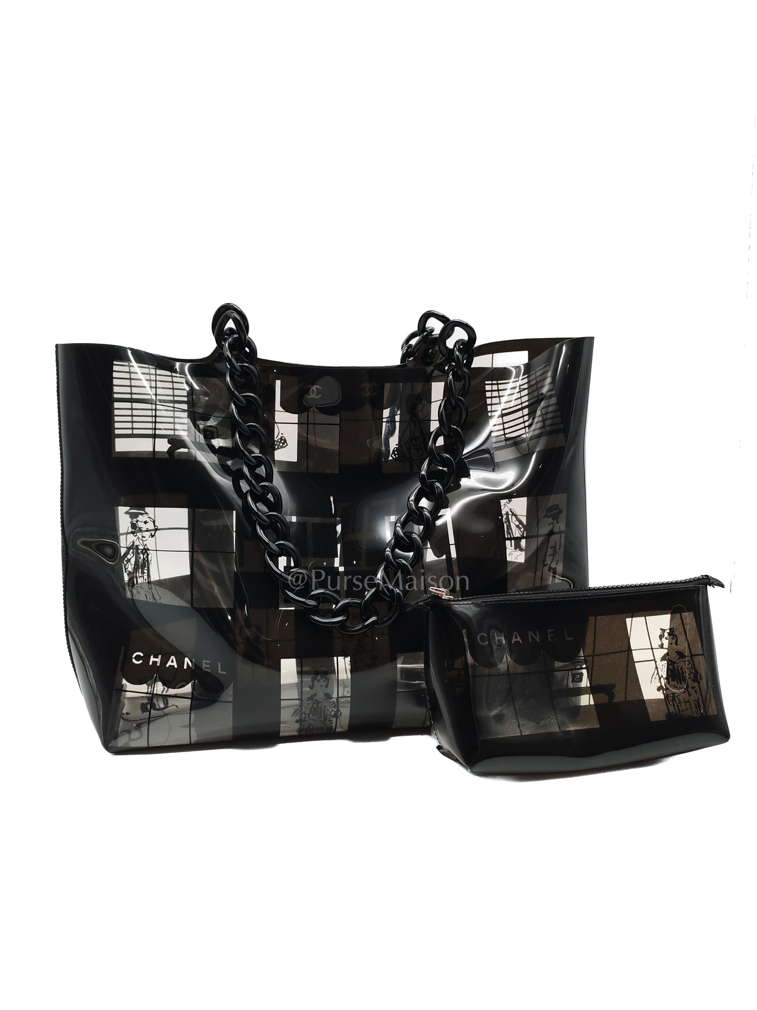 Vinyl Coco Window Tote Bag with Free Cosmetic Pouch in Silver Hardware (Series 8) | Purse Maison Luxury Bags Shop