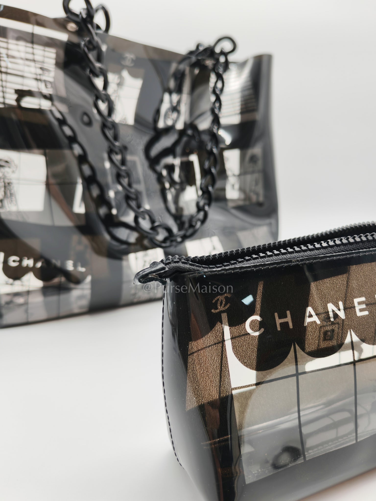 Vinyl Coco Window Tote Bag with Free Cosmetic Pouch in Silver Hardware (Series 8) | Purse Maison Luxury Bags Shop