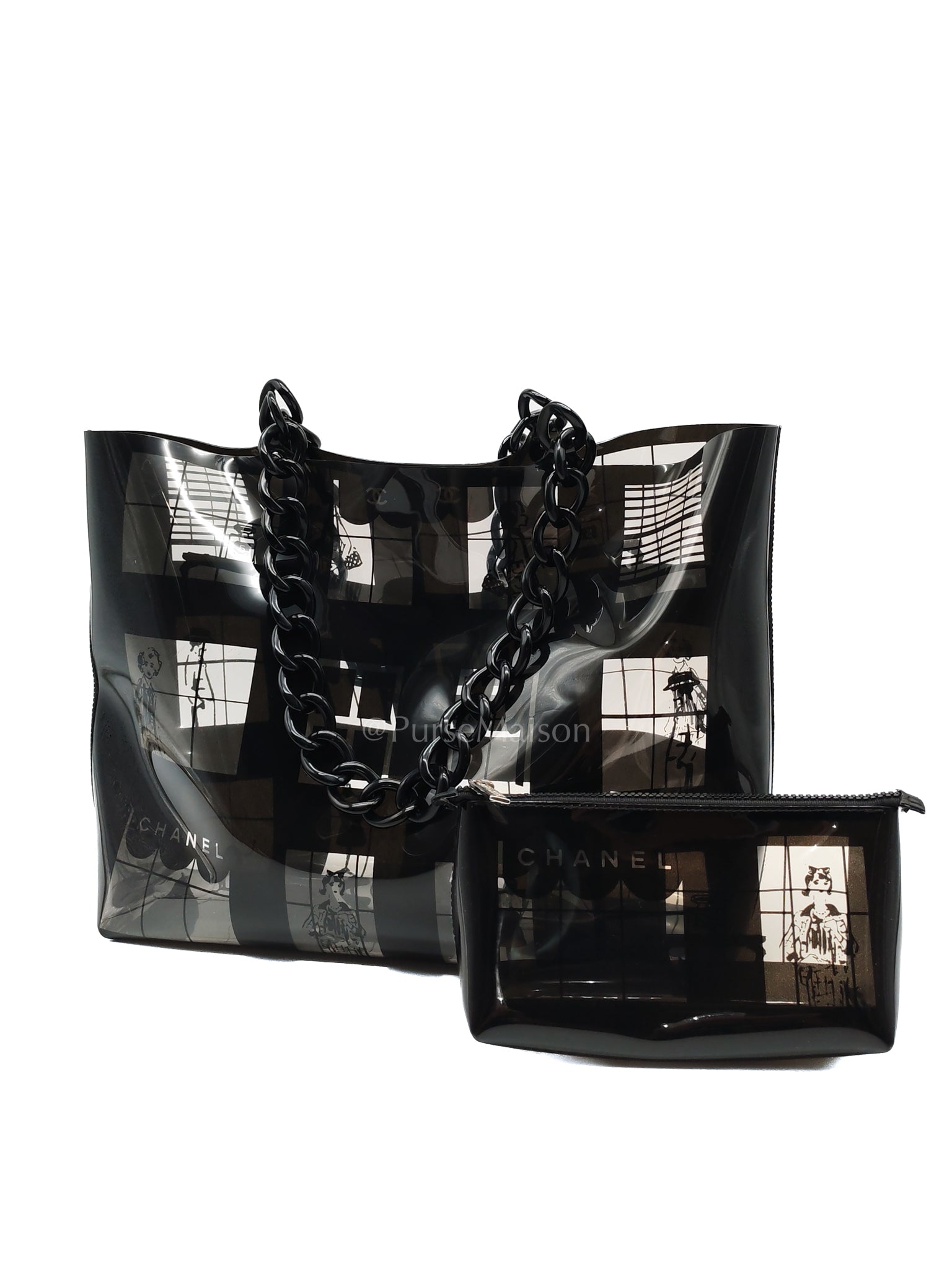 Vinyl Coco Window Tote Bag with Free Cosmetic Pouch in Silver Hardware (Series 8) | Purse Maison Luxury Bags Shop