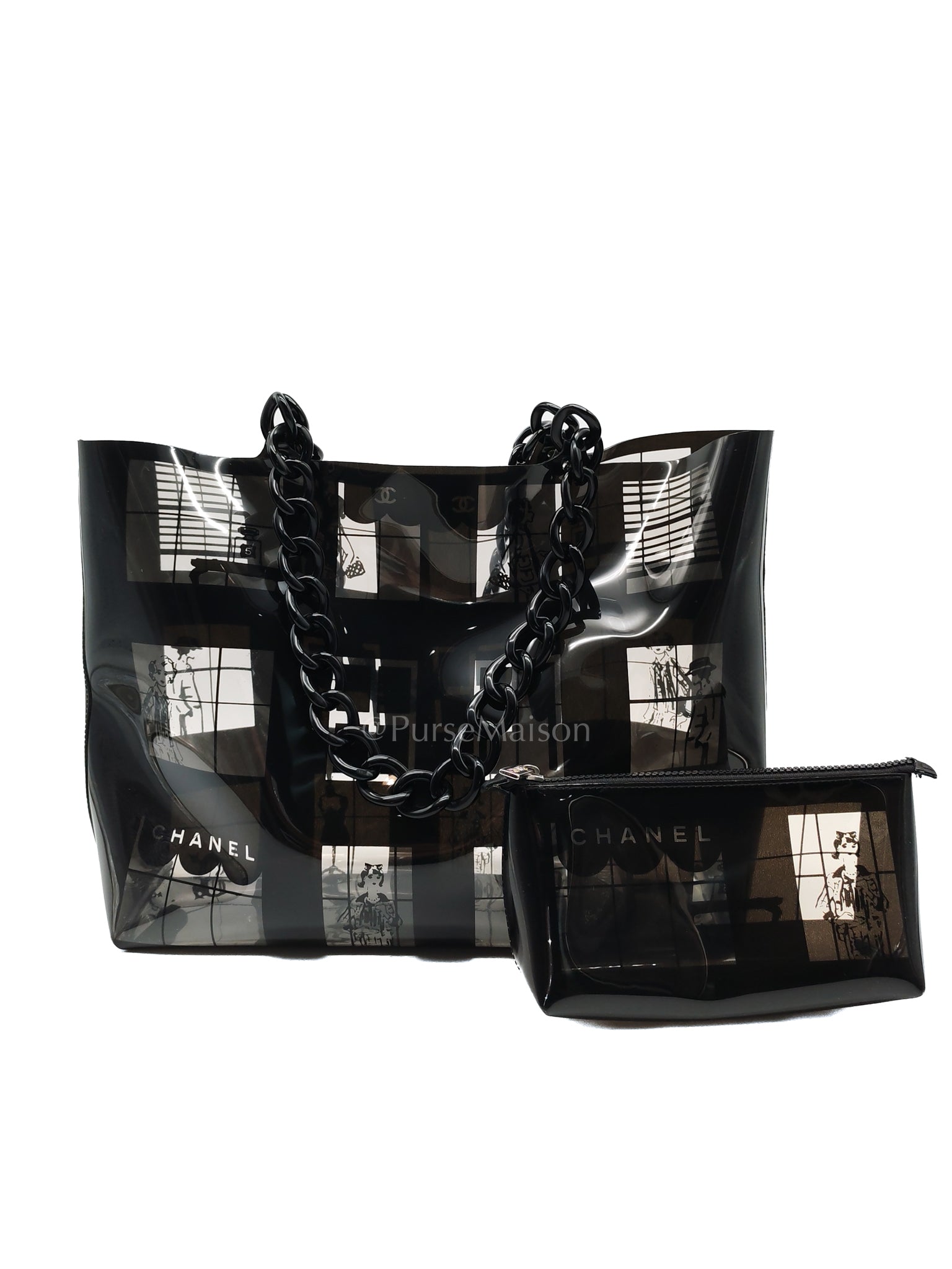 Vinyl Coco Window Tote Bag with Free Cosmetic Pouch in Silver Hardware (Series 8) | Purse Maison Luxury Bags Shop