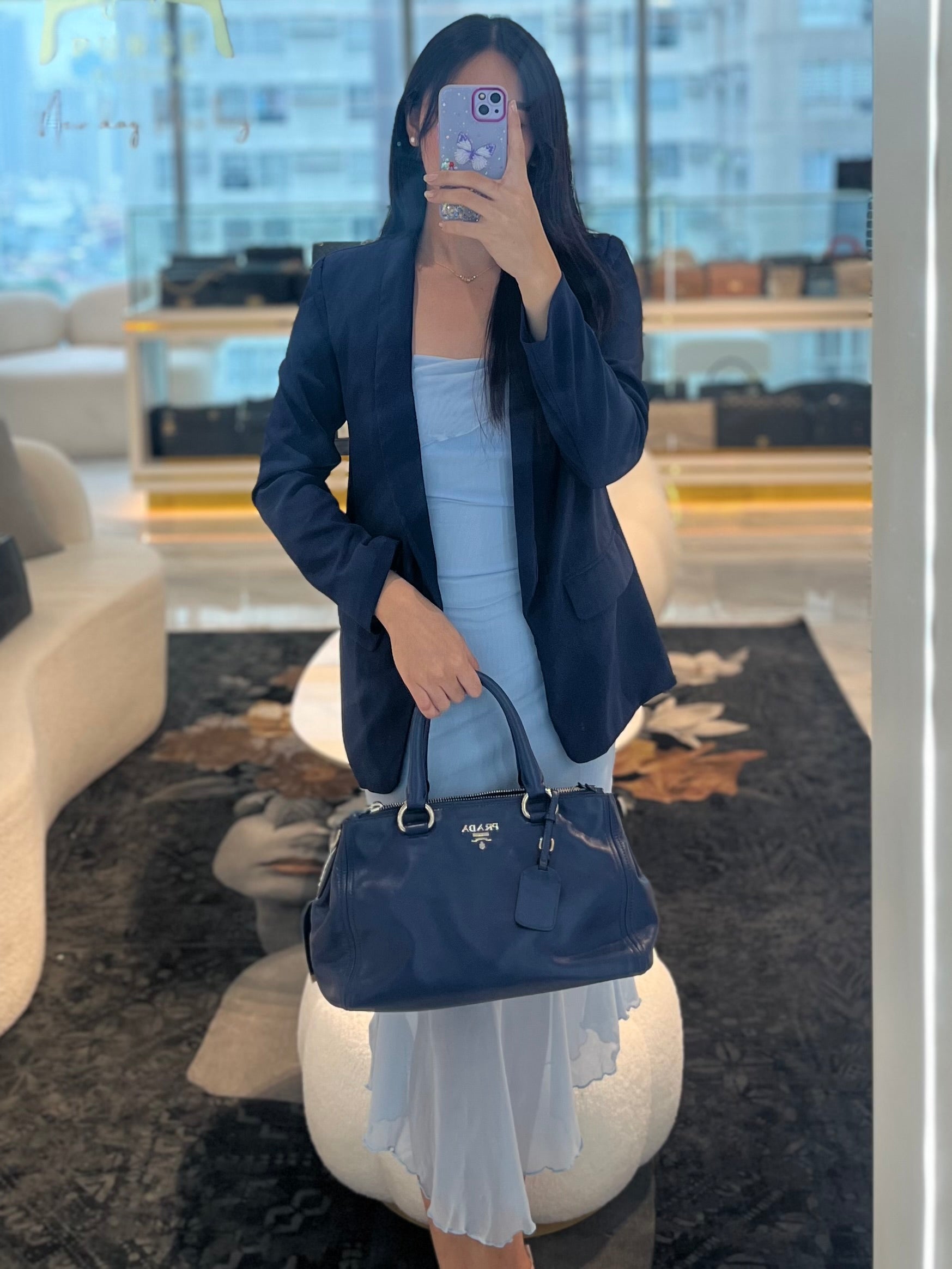 Vitello Daino Blue Soft Calf Leather Two-way Shoulder Bag | Purse Maison Luxury Bags Shop