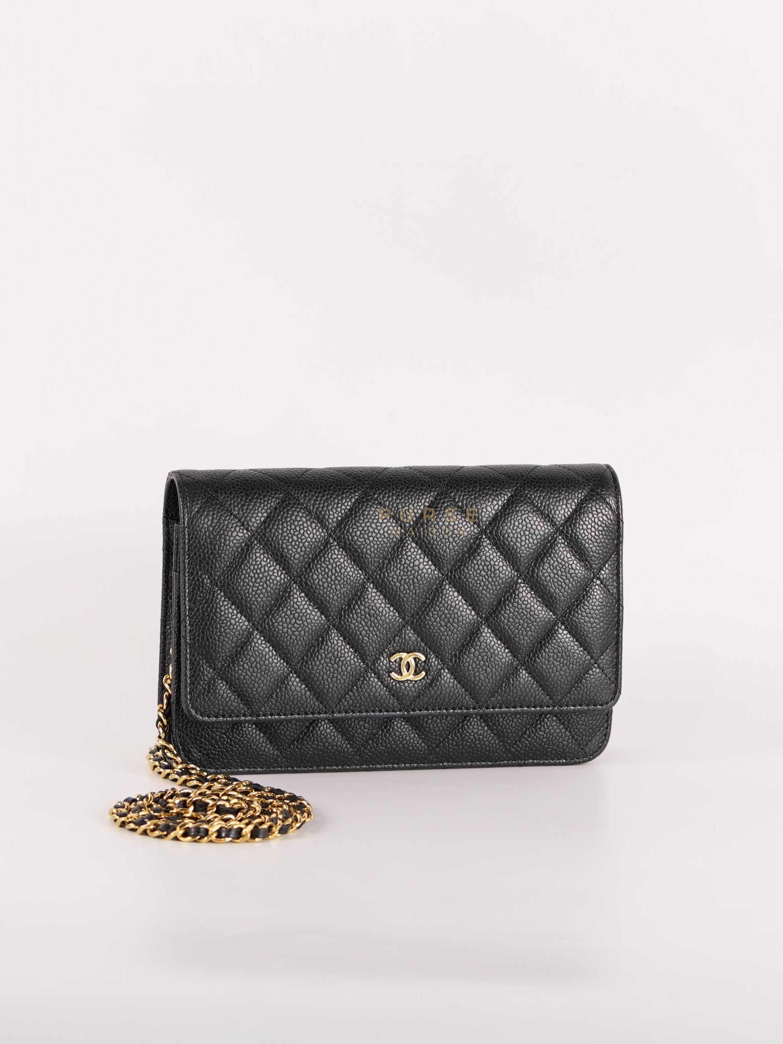 Wallet On Chain in Black Caviar Leather Gold Hardware (Microchip) | Purse Maison Luxury Bags Shop
