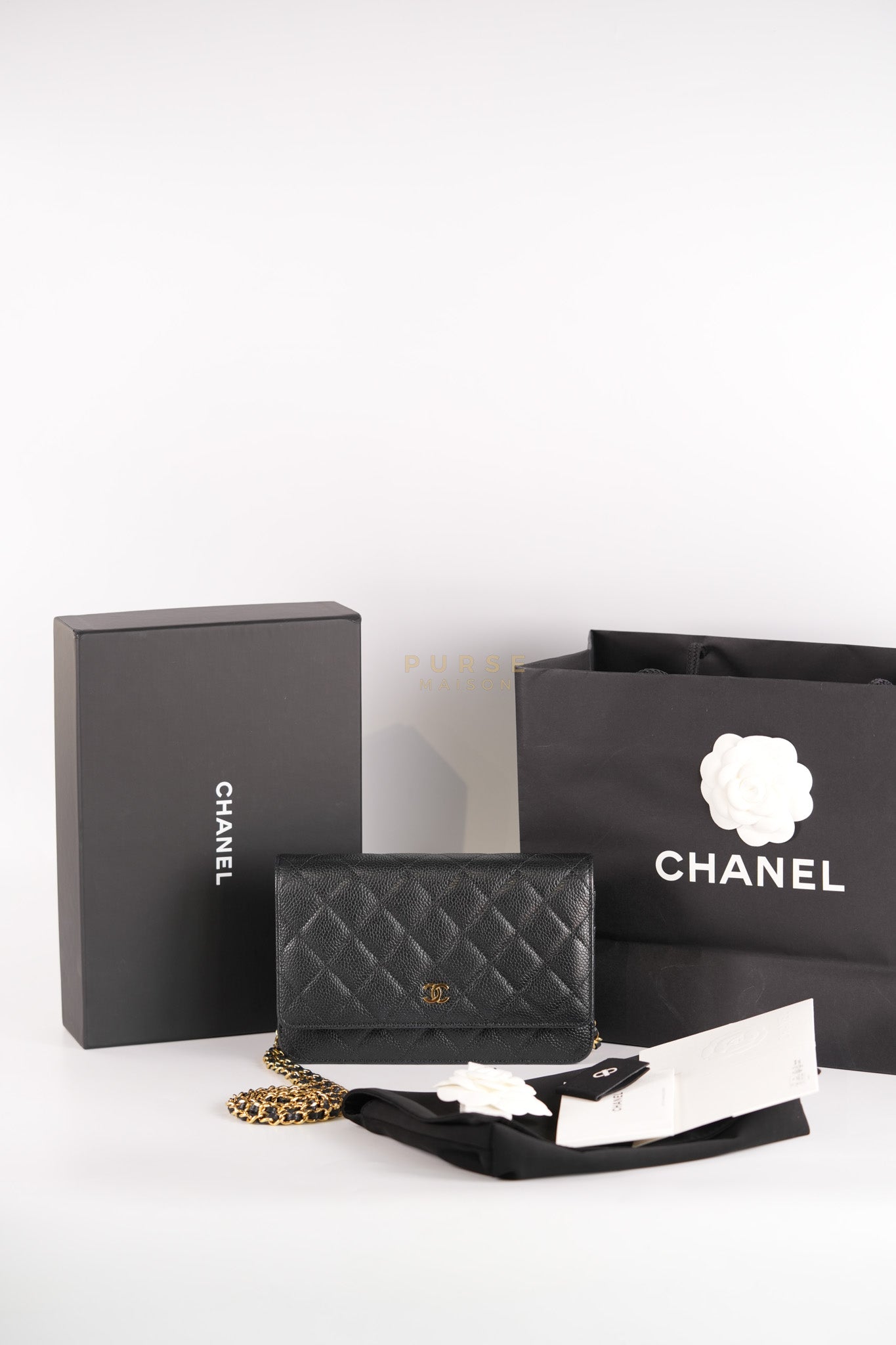 Wallet On Chain in Black Caviar Leather Gold Hardware (Microchip) | Purse Maison Luxury Bags Shop