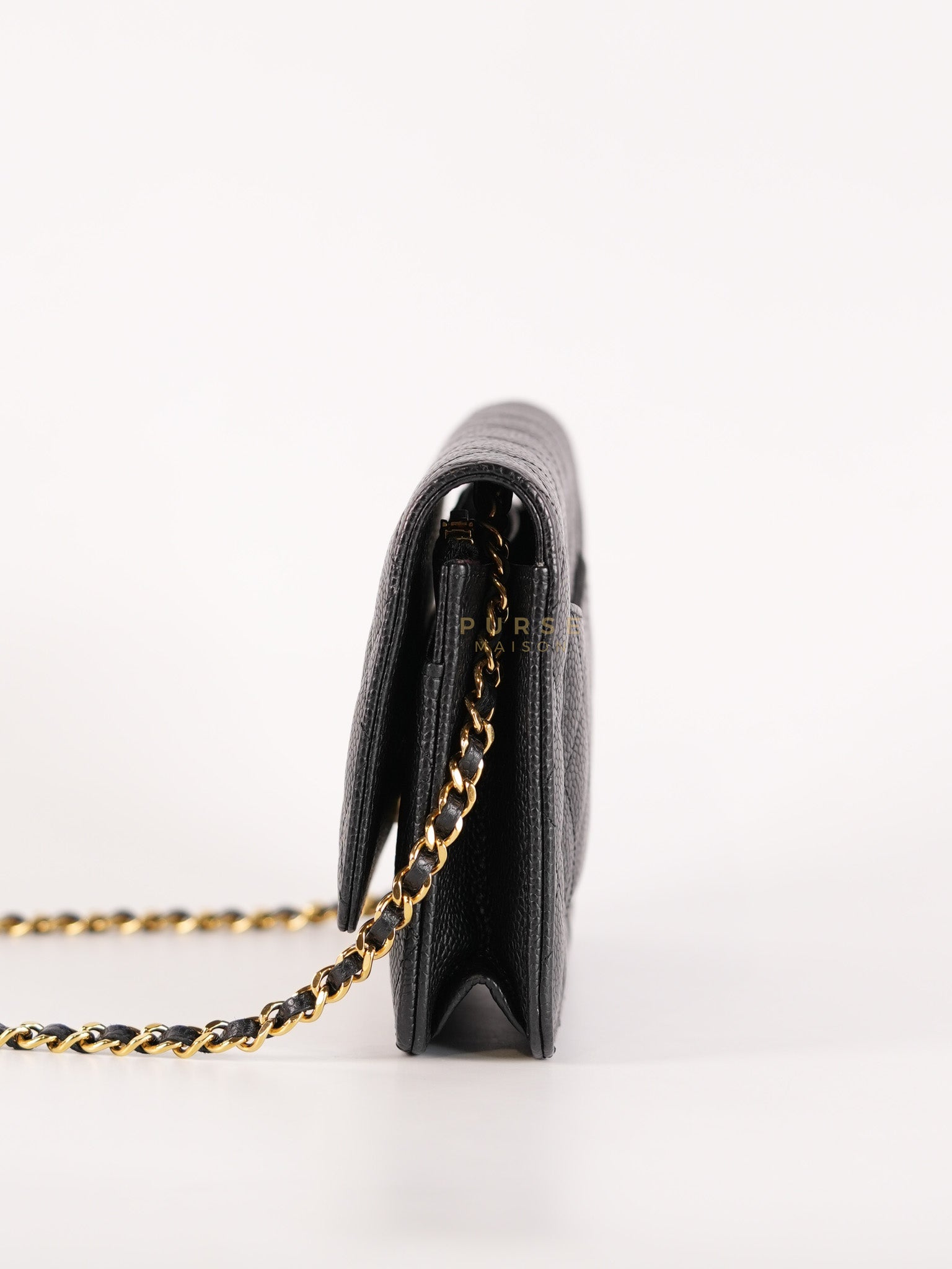 Wallet On Chain in Black Caviar Leather Gold Hardware (Microchip) | Purse Maison Luxury Bags Shop