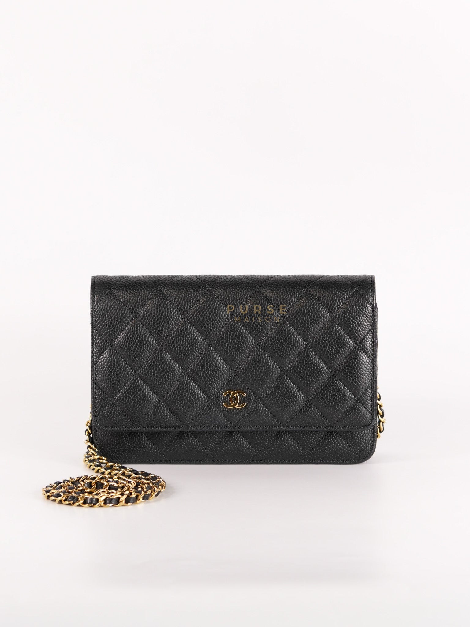Wallet On Chain in Black Caviar Leather Gold Hardware (Microchip) | Purse Maison Luxury Bags Shop