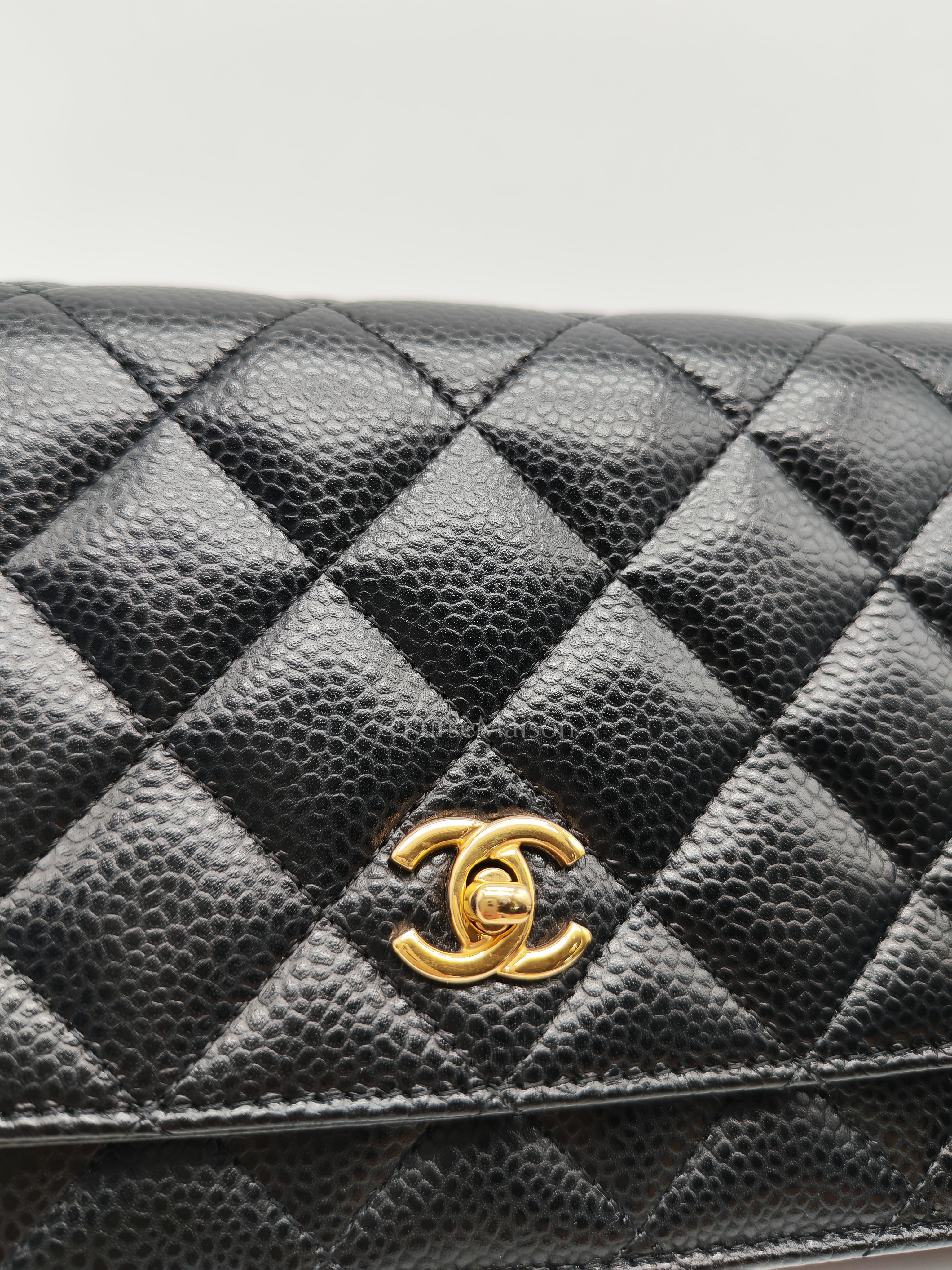 Wallet on Chain in Black Quilted Caviar Leather and Gold Hardware Microchip | Purse Maison Luxury Bags Shop