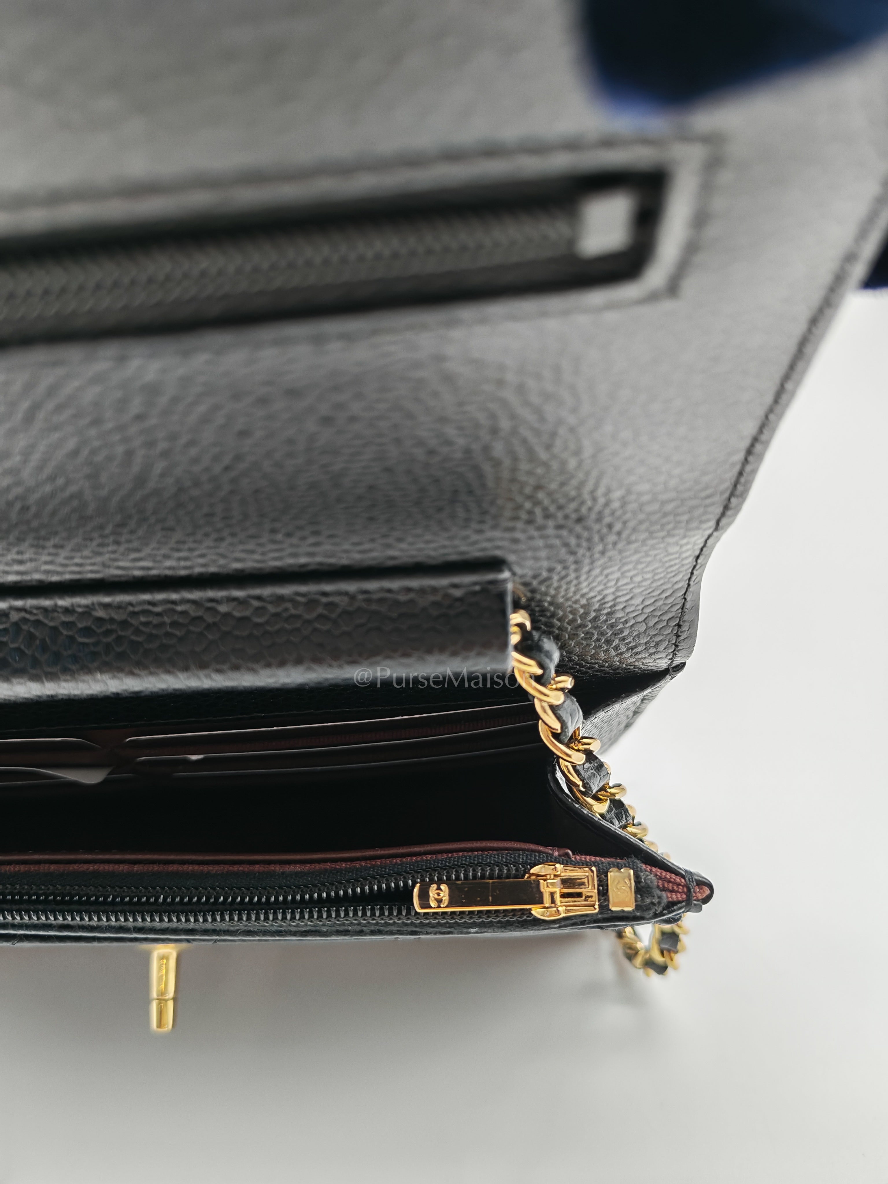 Wallet on Chain in Black Quilted Caviar Leather and Gold Hardware Microchip | Purse Maison Luxury Bags Shop