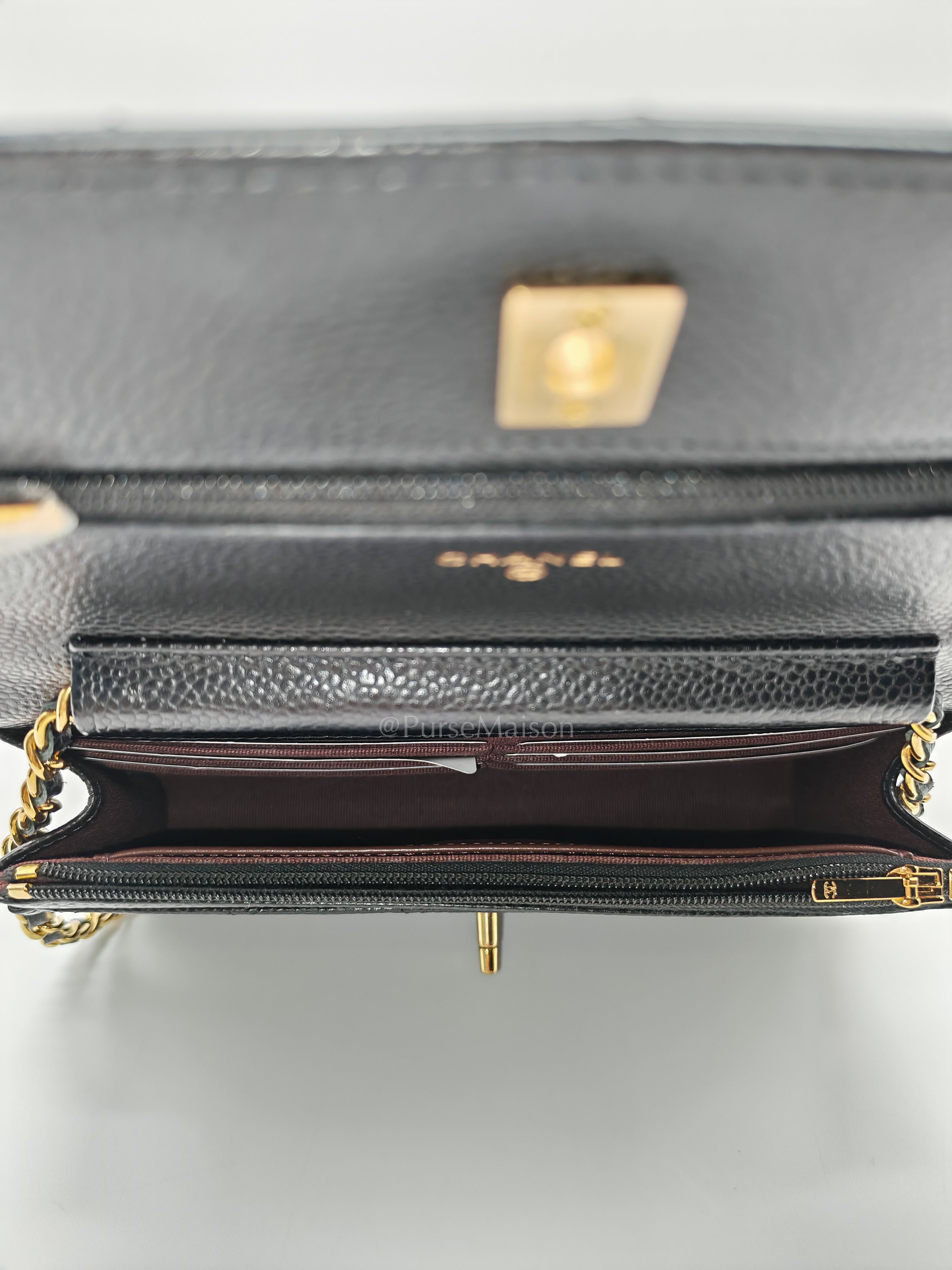 Wallet on Chain in Black Quilted Caviar Leather and Gold Hardware Microchip | Purse Maison Luxury Bags Shop