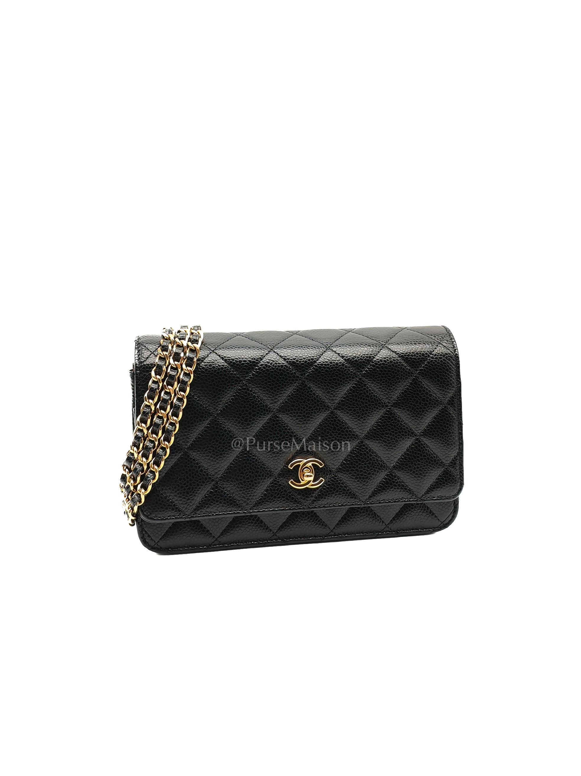 Wallet on Chain in Black Quilted Caviar Leather and Gold Hardware Microchip | Purse Maison Luxury Bags Shop