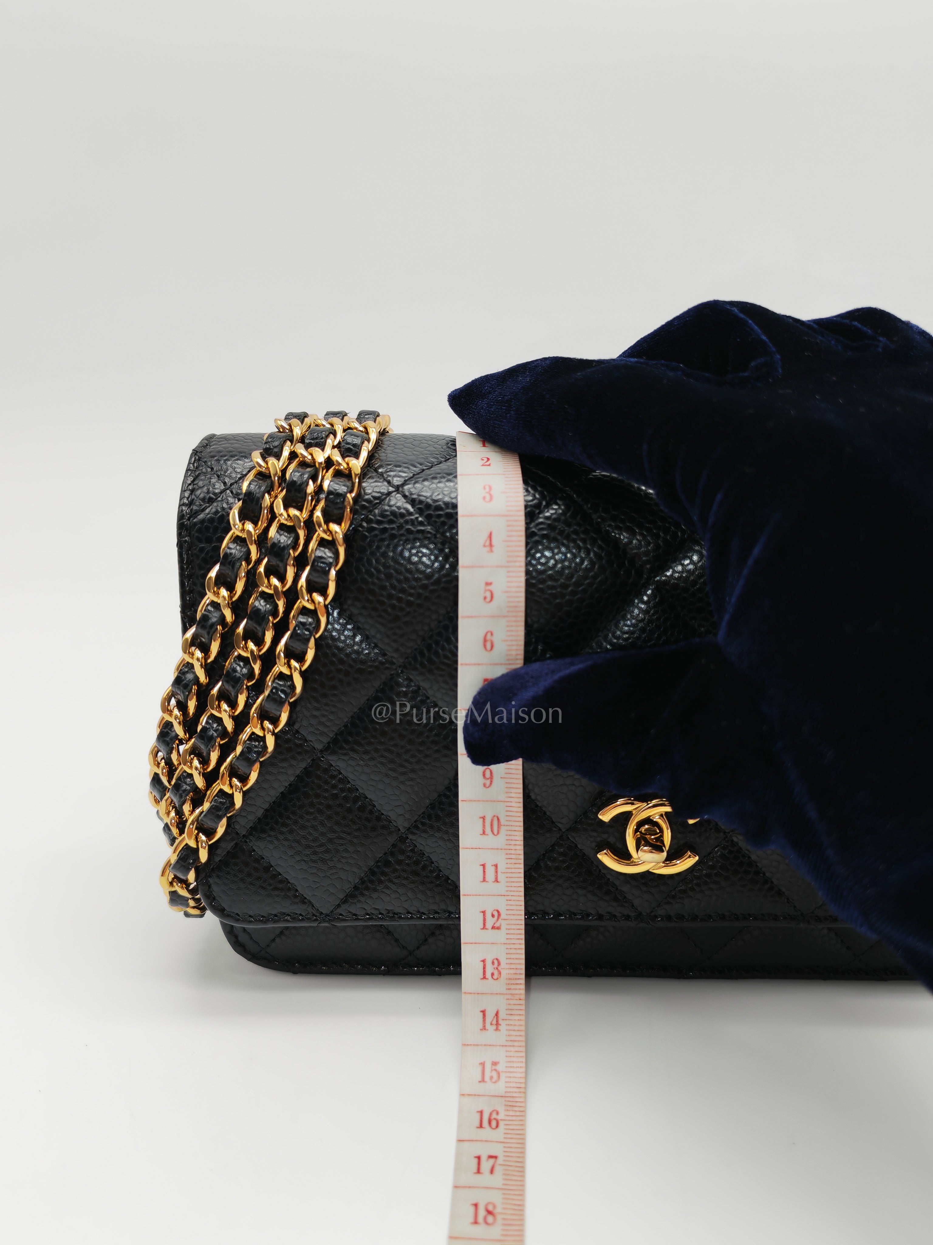 Wallet on Chain in Black Quilted Caviar Leather and Gold Hardware Microchip | Purse Maison Luxury Bags Shop