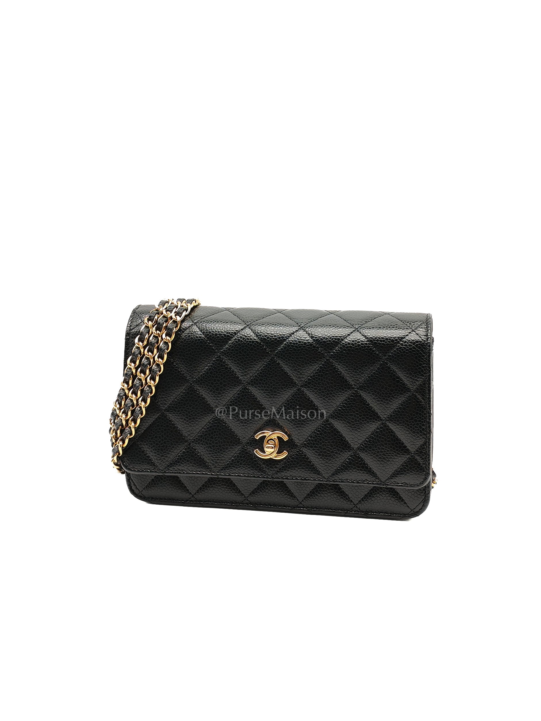 Wallet on Chain in Black Quilted Caviar Leather and Gold Hardware Microchip | Purse Maison Luxury Bags Shop